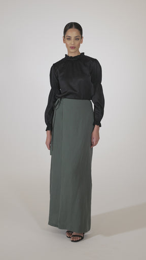 Linen Wrap Front Maxi Skirt - Teal