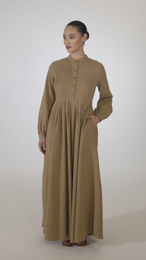 Mona Asymmetric Pleat Front Maxi Dress - Brown Curry