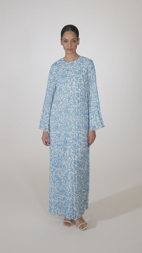 Pleated Printed Shift Maxi Dress - Azure Blue