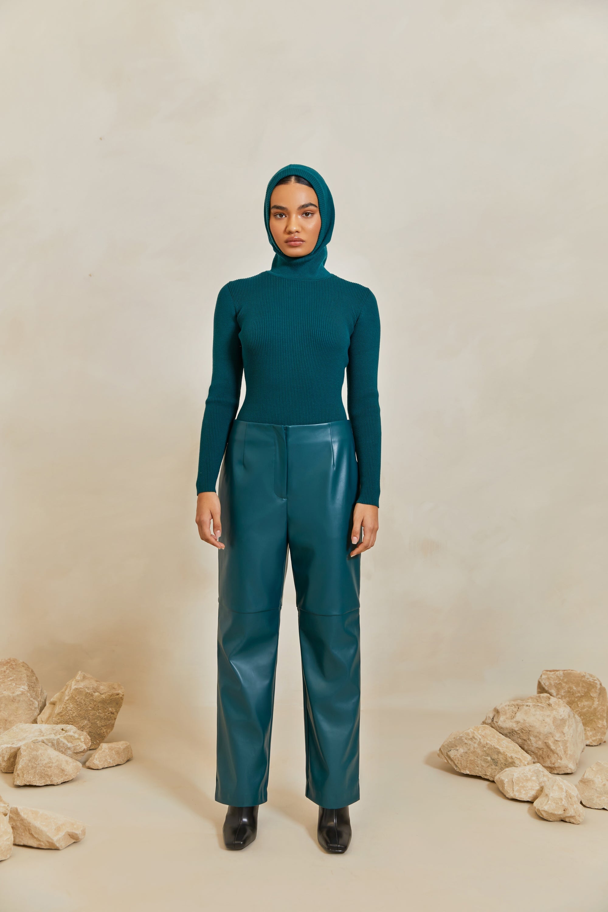 Aliyah Ribbed Knit Brief Bodysuit - Deep Teal Veiled 