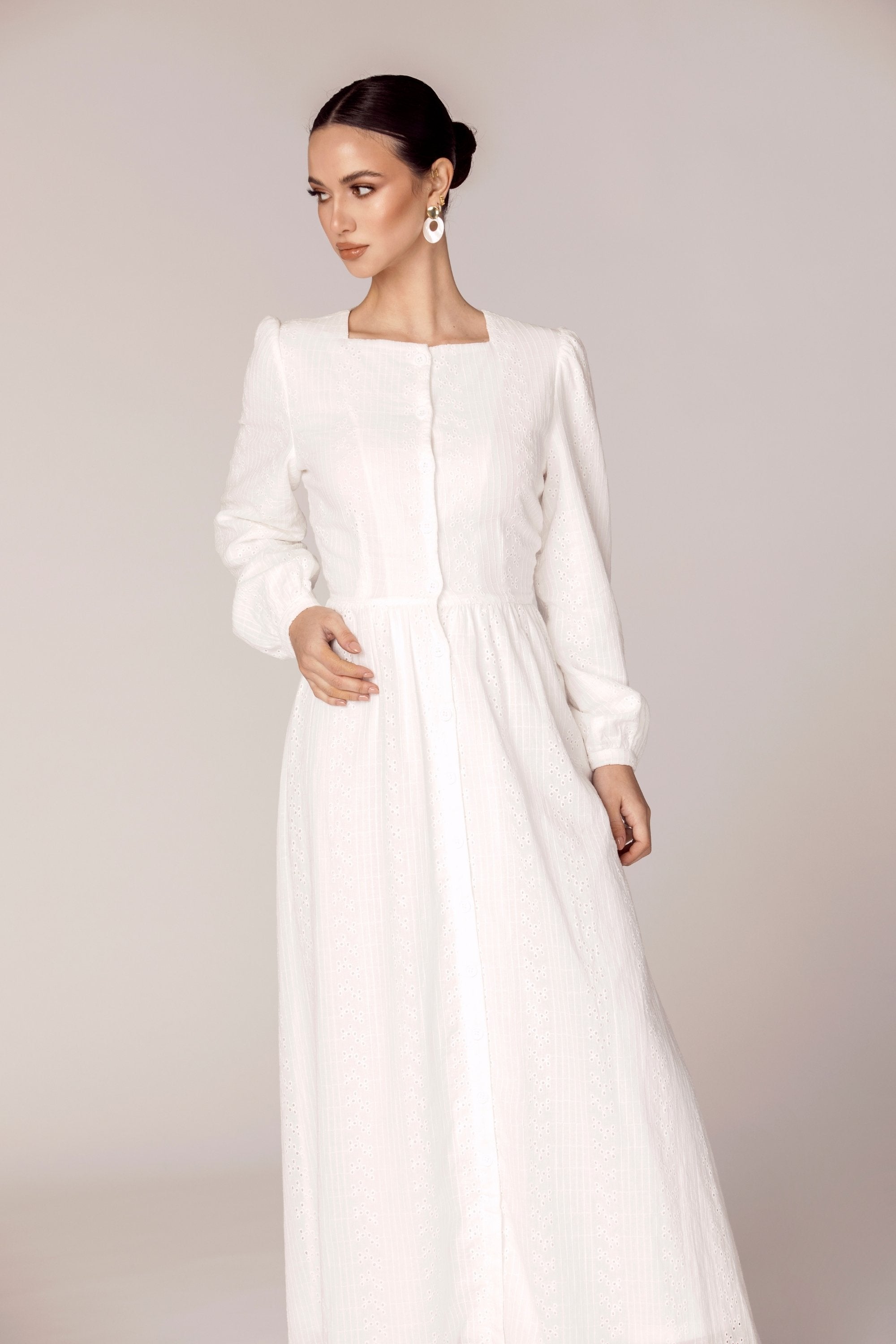 Aya Eyelet Cotton Button Front Maxi Dress Dresses Veiled Collection 