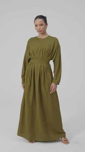 Nasira Linen Pleat Waist Maxi Dress - Green Moss