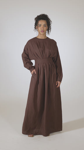 Nasira Linen Pleat Waist Maxi Dress - Brown