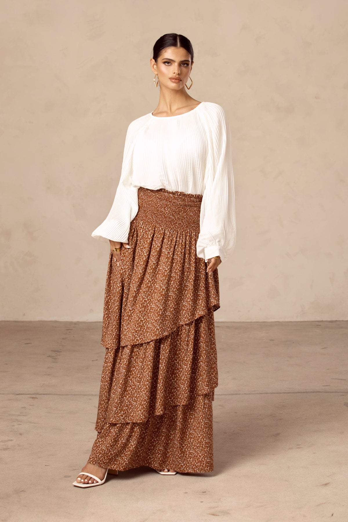 Brown Floral Ruffle Smocked Maxi Skirt epschoolboard 