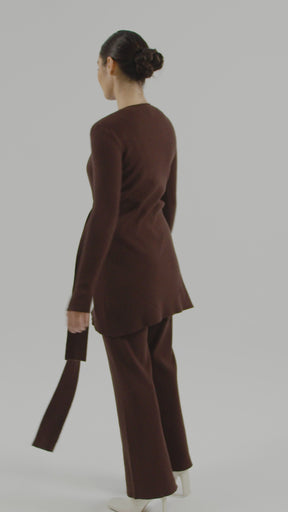 Asymmetric Front Tie Knit Top - Dark Oak