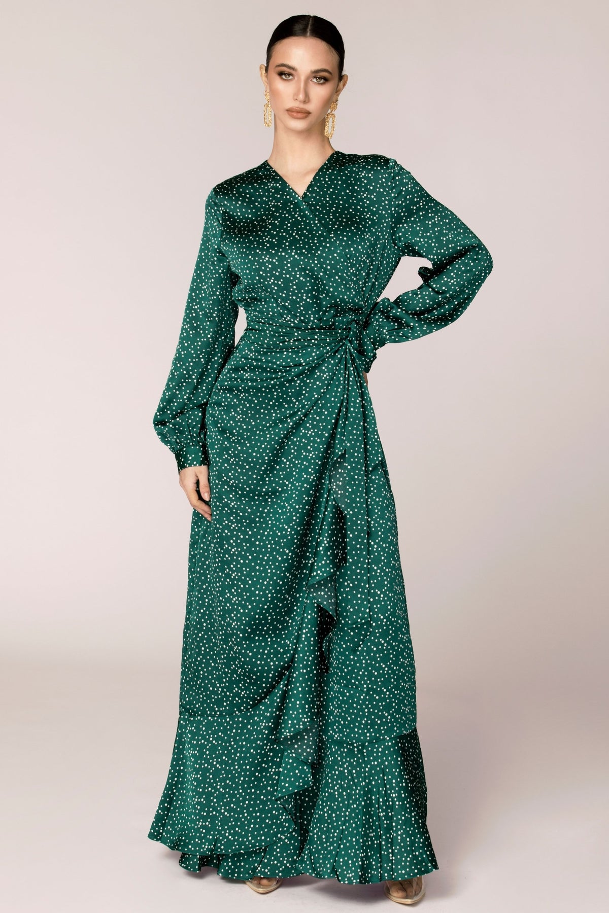 Emerald Polka Dot Satin Wrap Maxi Dress Dresses saigonodysseyhotel 