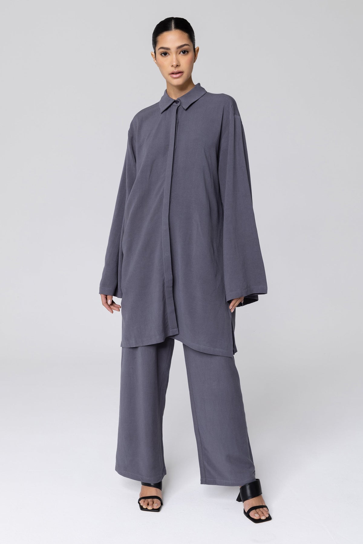 Gemma Linen Kimono Sleeve Button Down Top - Denim epschoolboard 