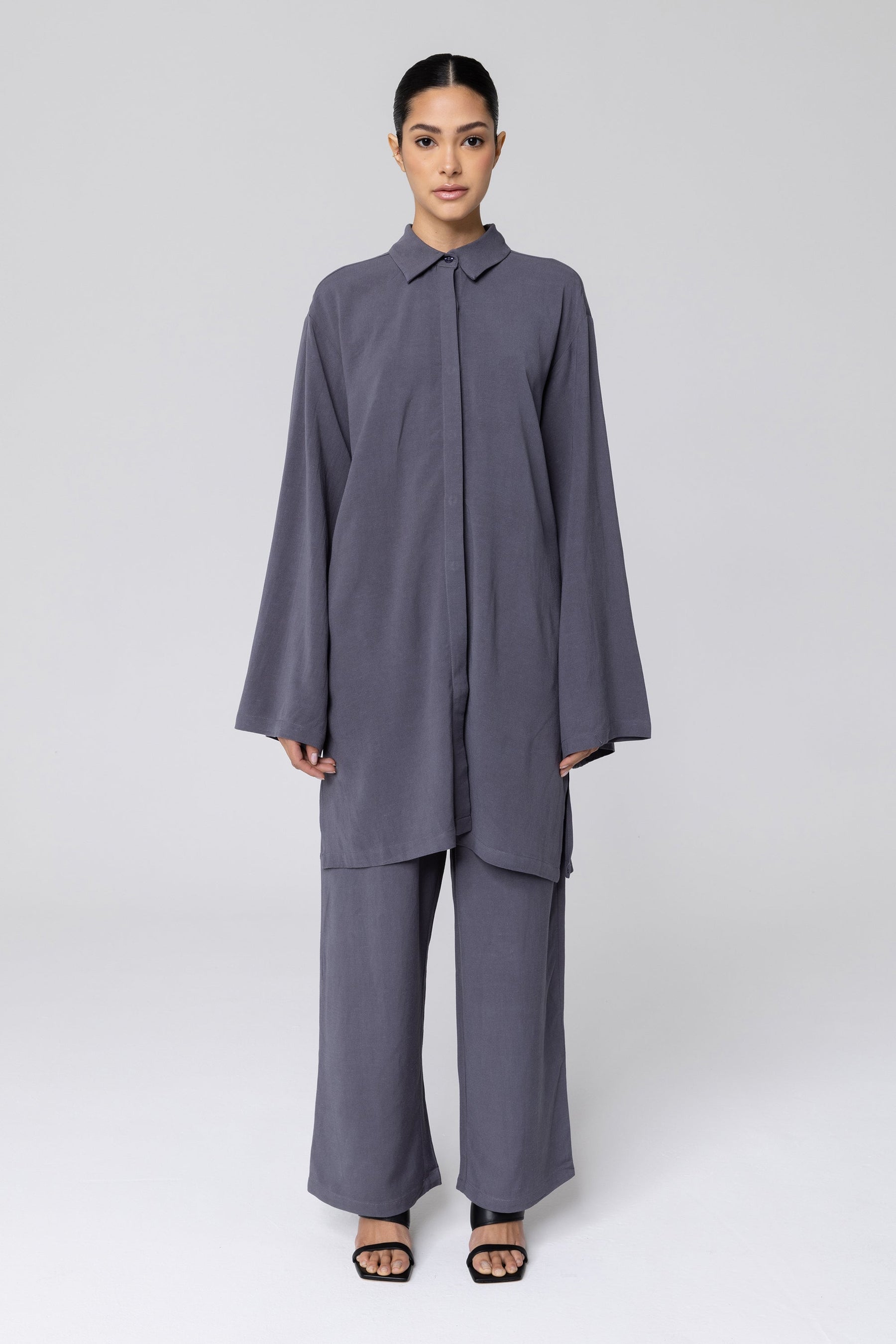 Gemma Linen Kimono Sleeve Button Down Top - Denim epschoolboard 