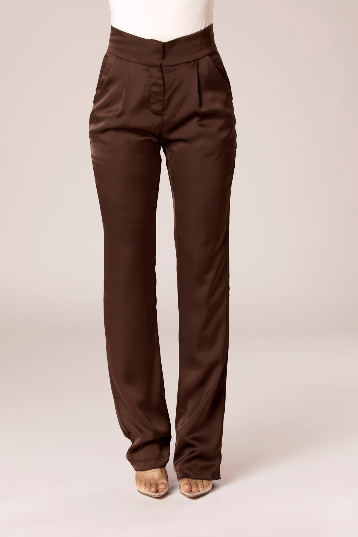 Ghalia Dark Brown Satin High Rise Trousers epschoolboard 