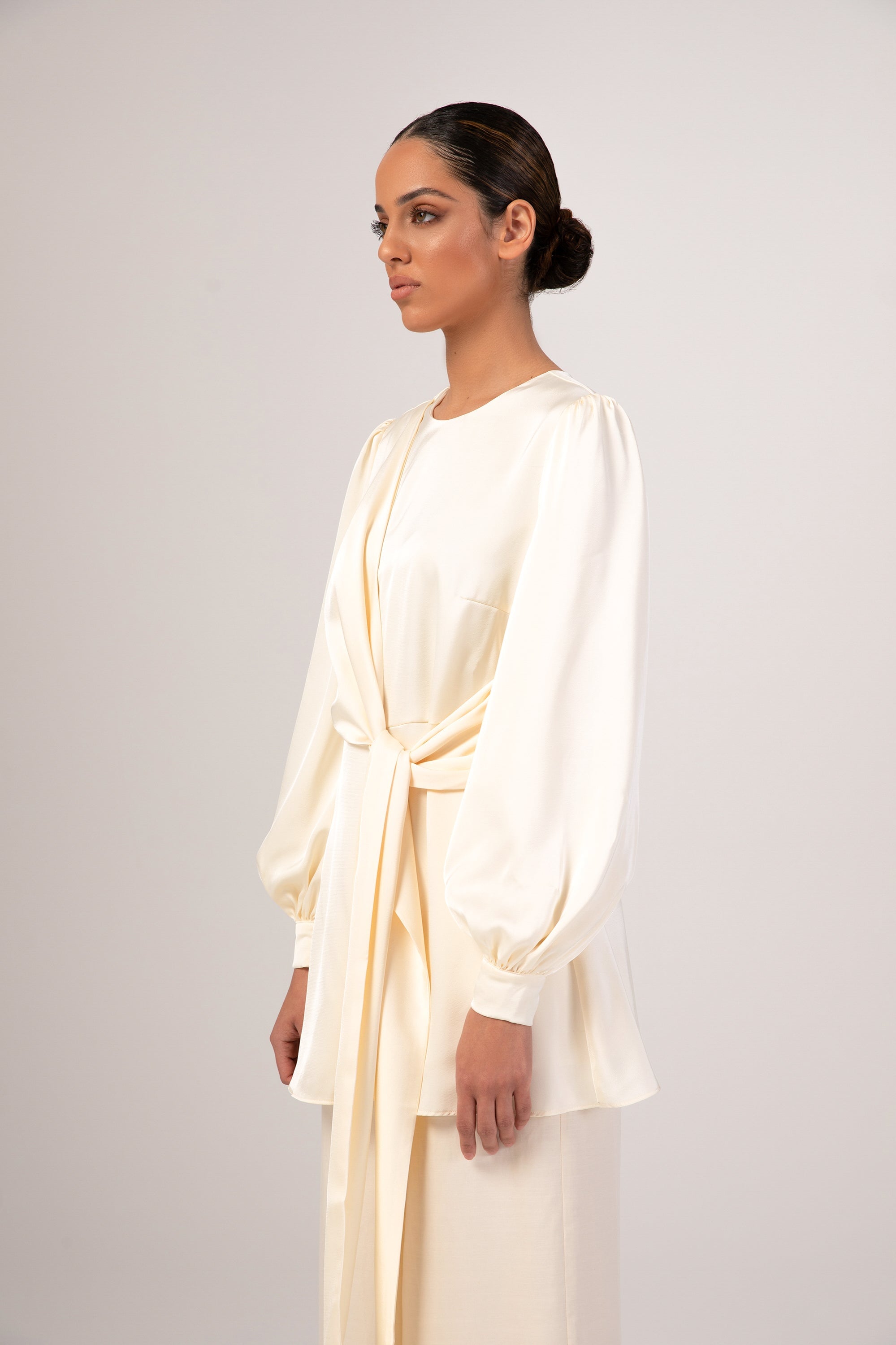 Hala Side Tie Satin Blouse - Off White Veiled Collection 