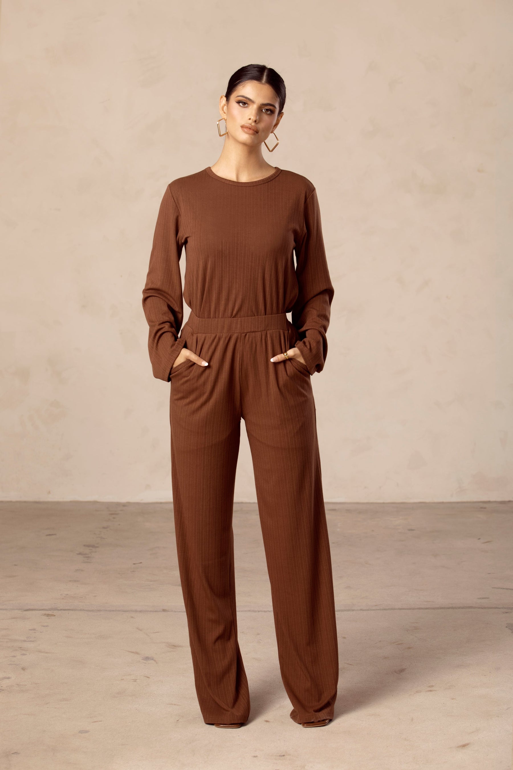 Hannah Ribbed Tunic & Pants Matching Set - Chocolate Brown saigonodysseyhotel 