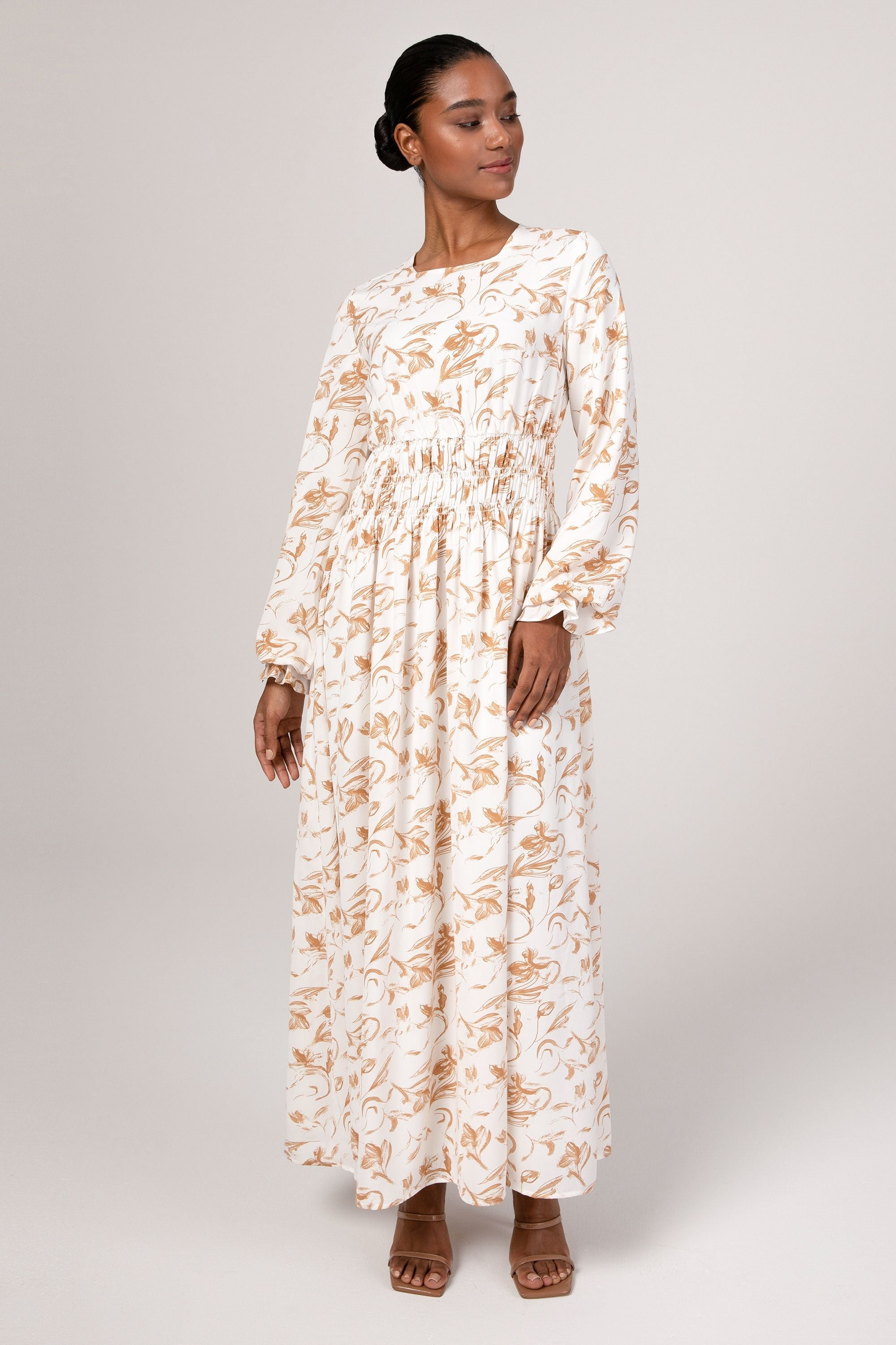 Ikram Printed Rouched Waist Maxi Dress Veiled 