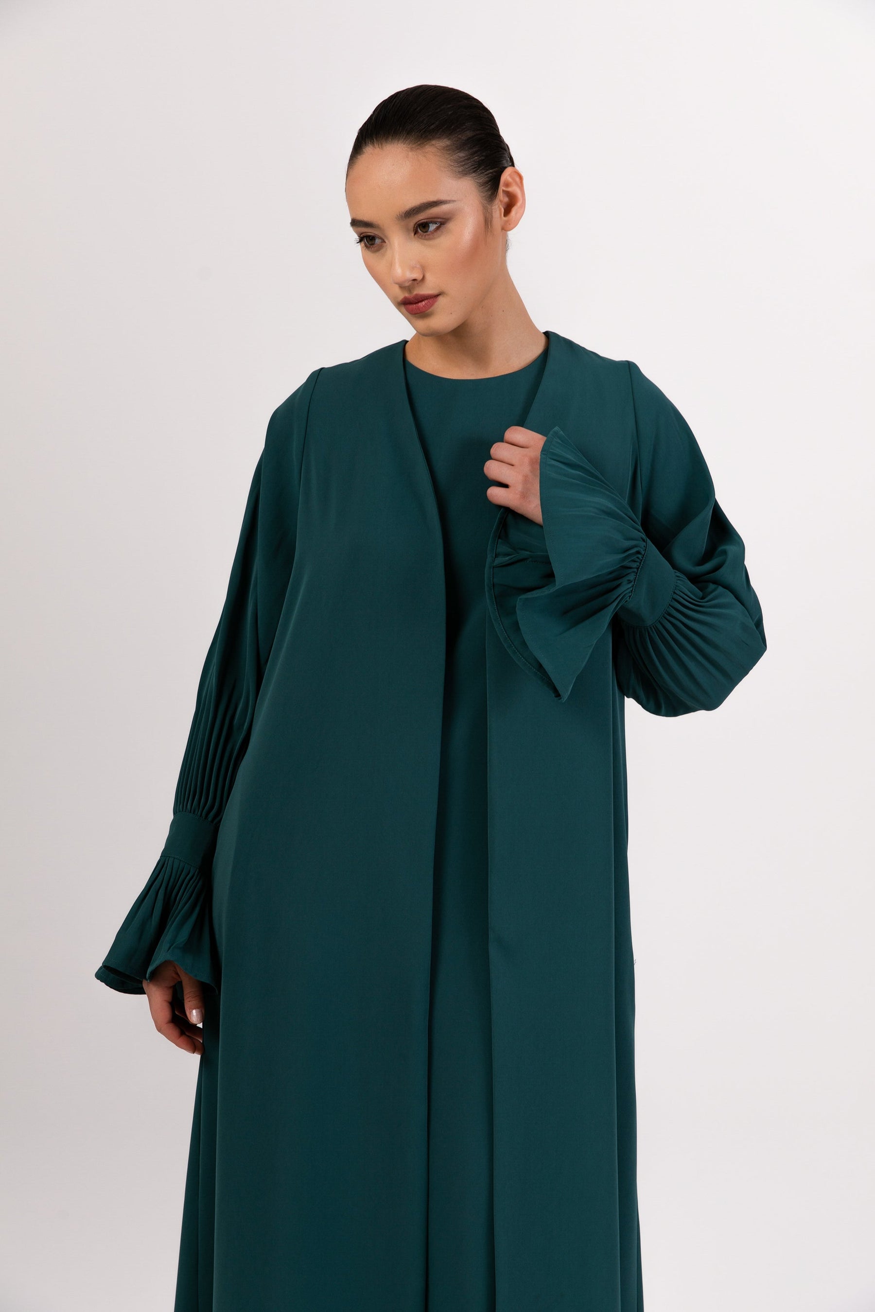 Jamila Cinched Sleeve Open Abaya - Teal saigonodysseyhotel 