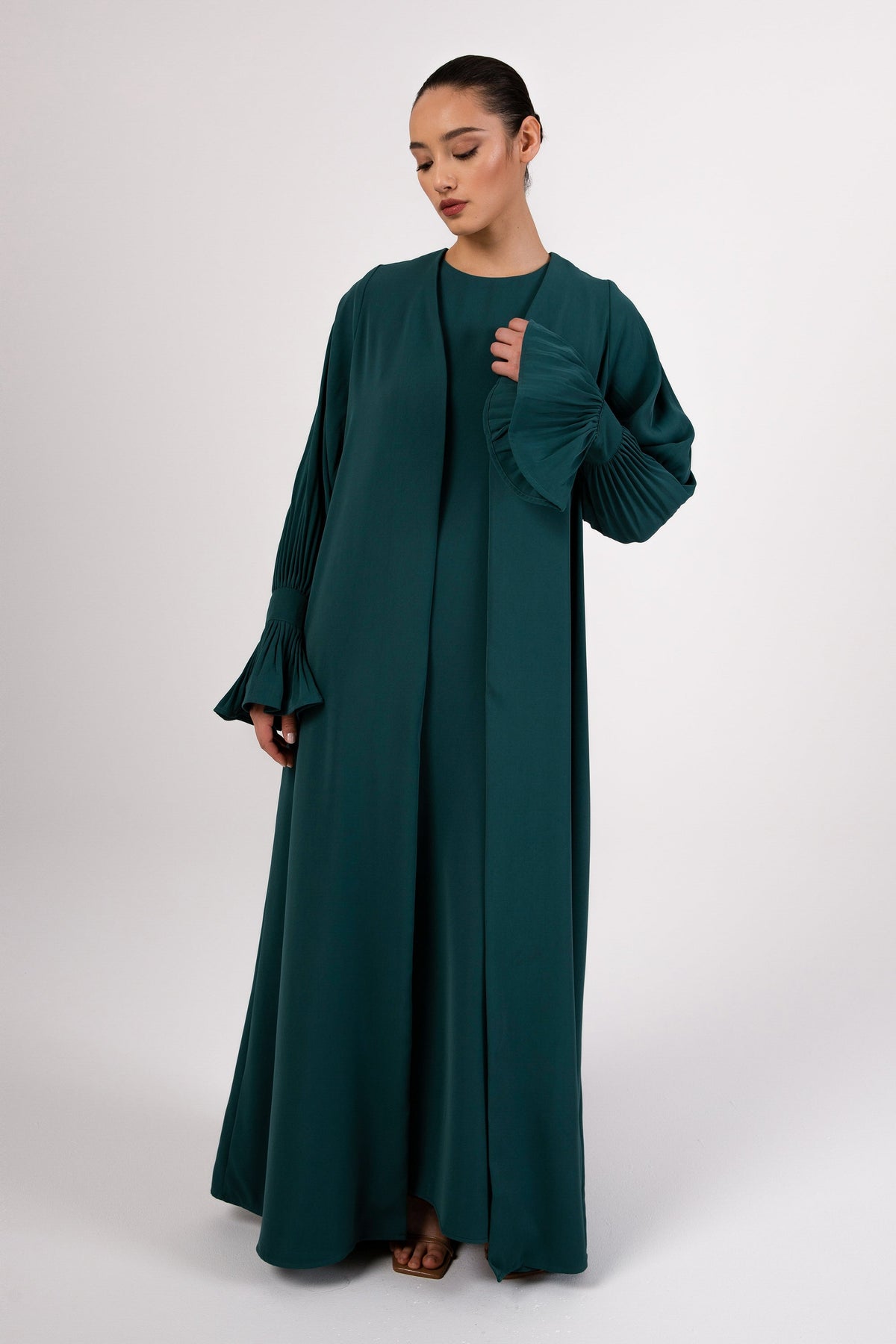 Jamila Cinched Sleeve Open Abaya - Teal saigonodysseyhotel 