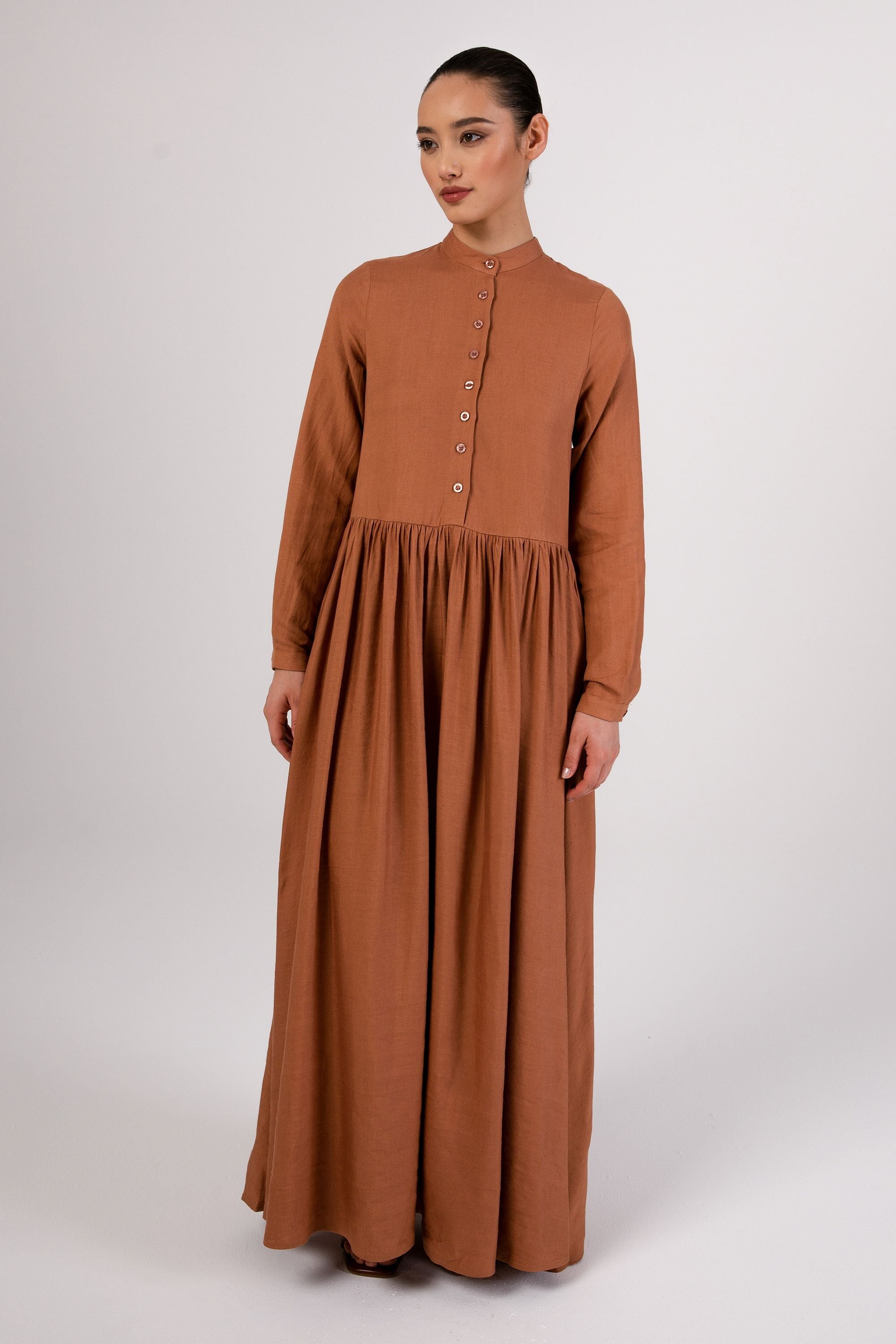 Karima Flowy Linen Maxi Shirt Dress - Rosewood Veiled Collection 