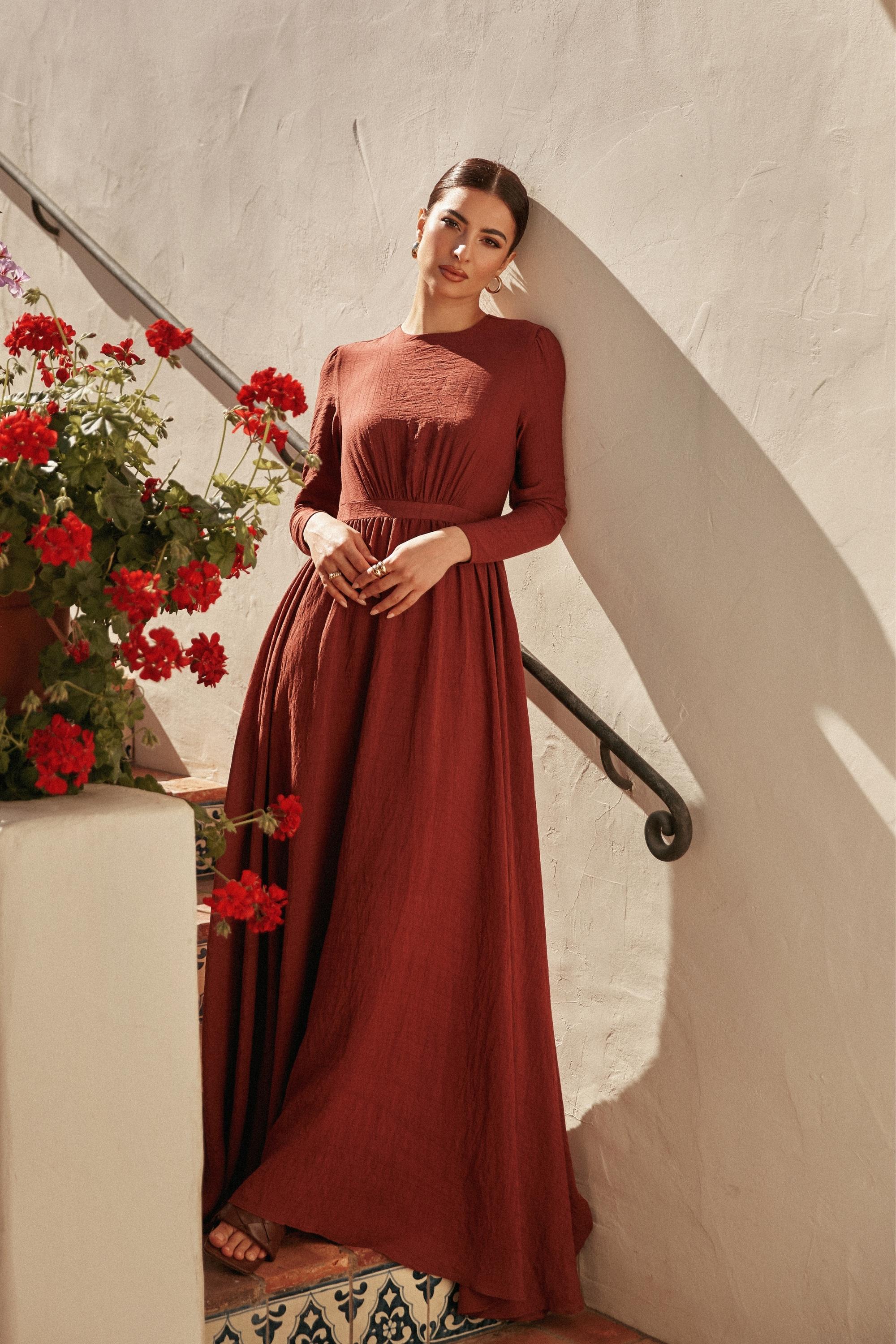 Lana Textured A Line Maxi Dress - Pecan Veiled Collection 