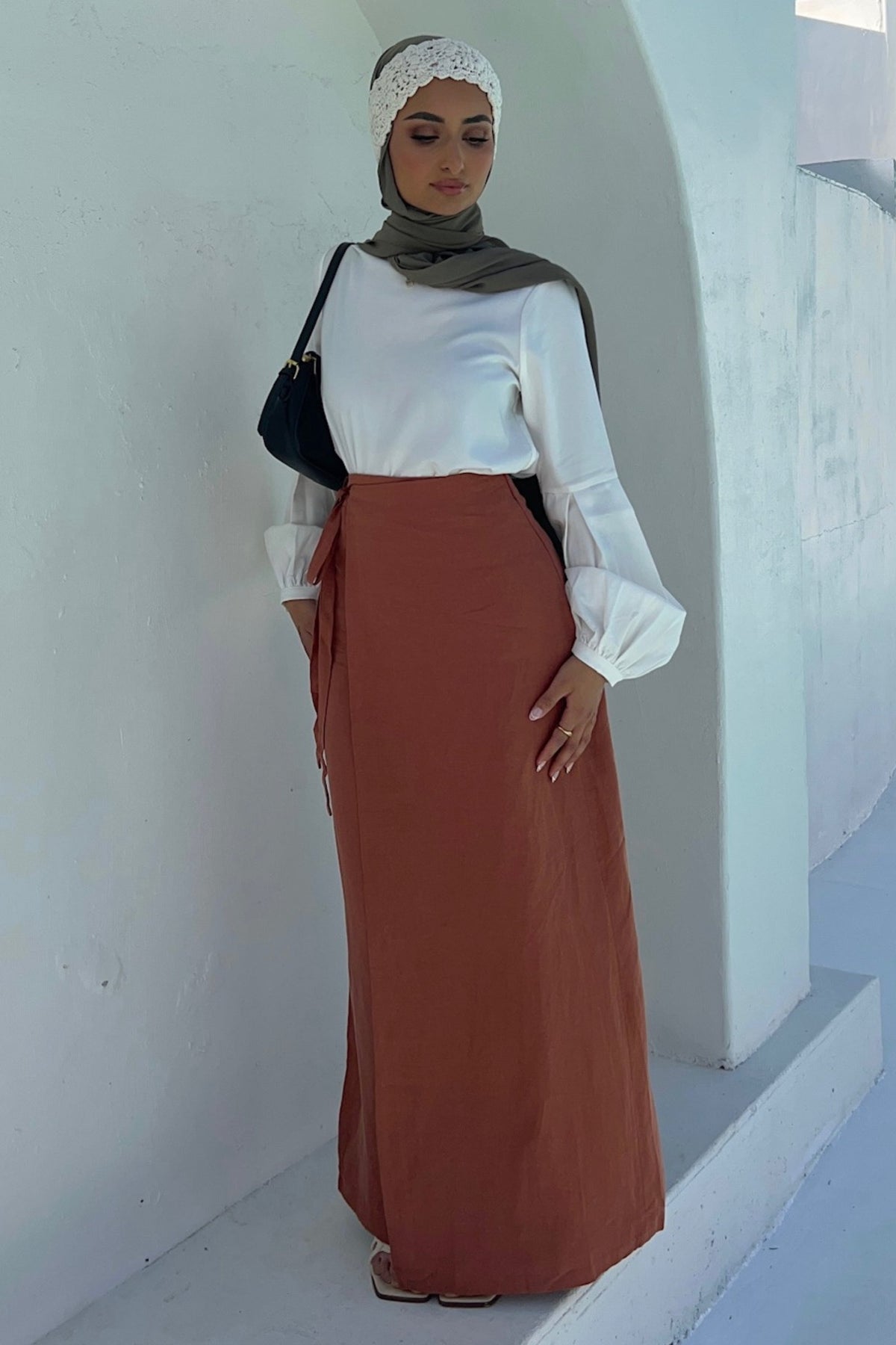 Linen Wrap Front Maxi Skirt - Baked Clay Clothing saigonodysseyhotel 