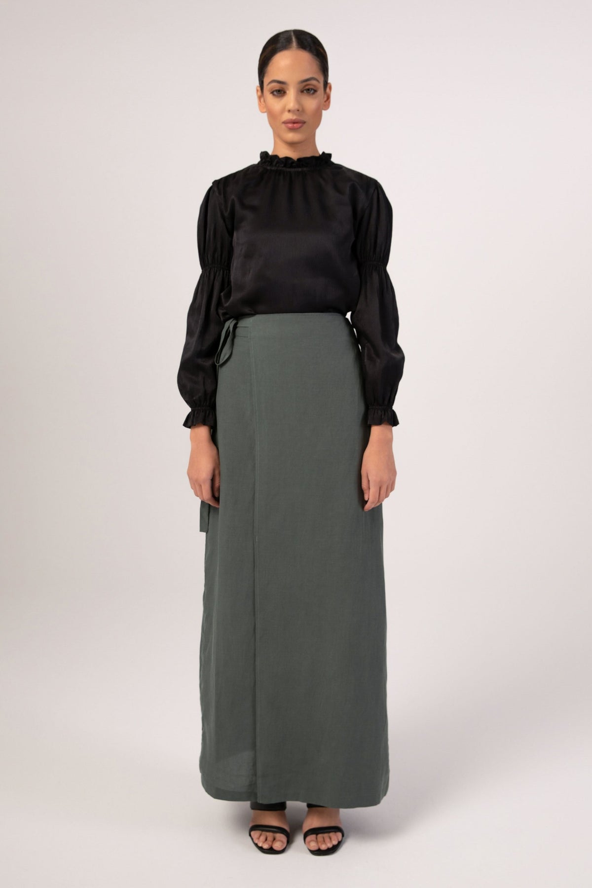 Linen Wrap Front Maxi Skirt - Teal (Dark Sage) saigonodysseyhotel 