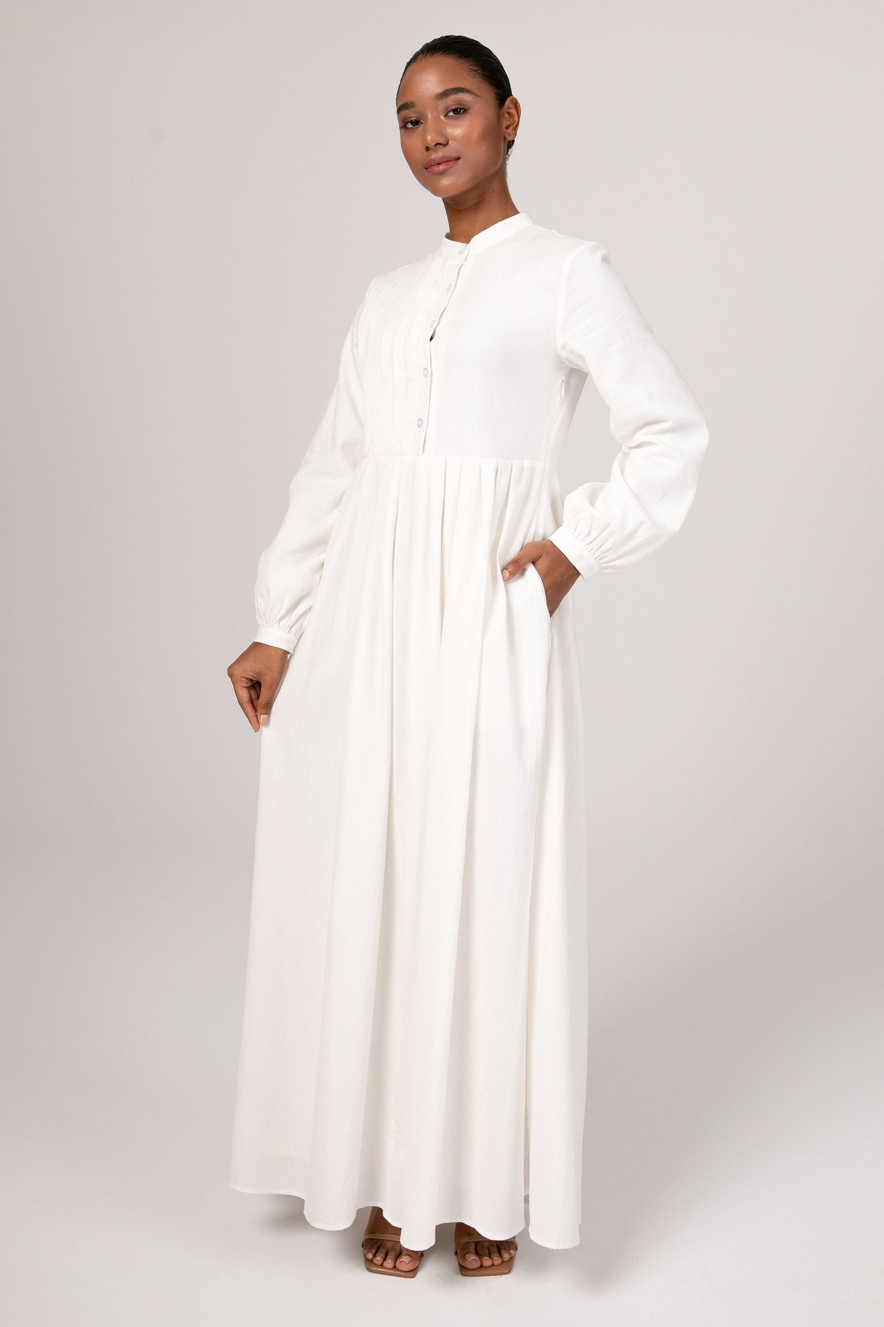 Mona Asymmetric Pleat Front Maxi Dress - White (Off White) saigonodysseyhotel 