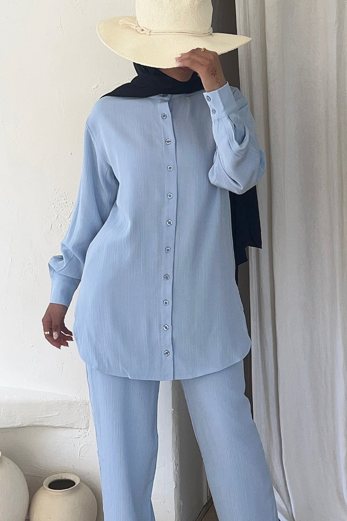 Nashwa Textured Rayon Button Down Tunic - Powder Blue Clothing saigonodysseyhotel 