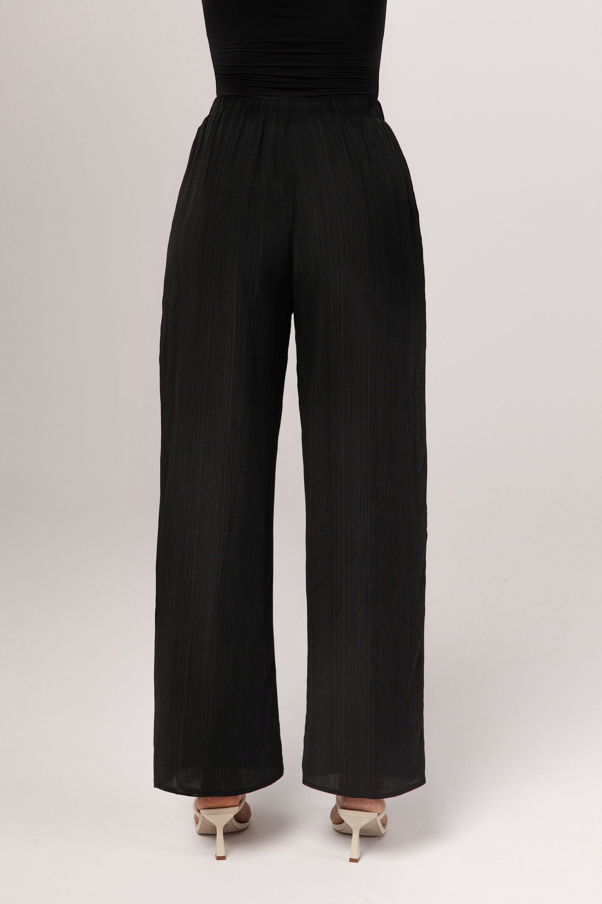 Nashwa Textured Rayon Wide Leg Pants - Black Veiled 