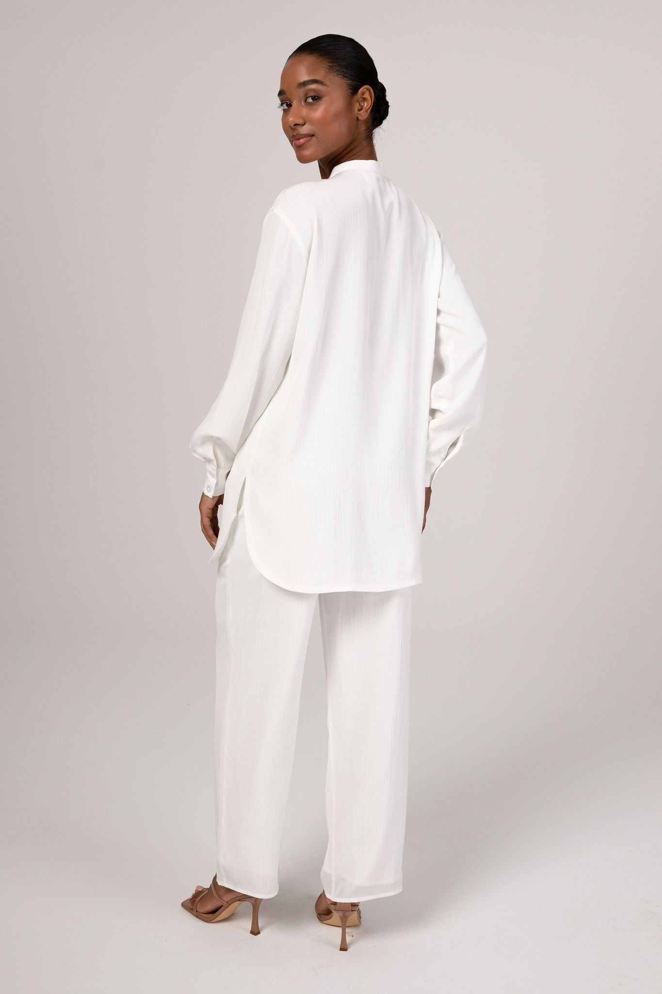 Nashwa Textured Rayon Wide Leg Pants - White Veiled 
