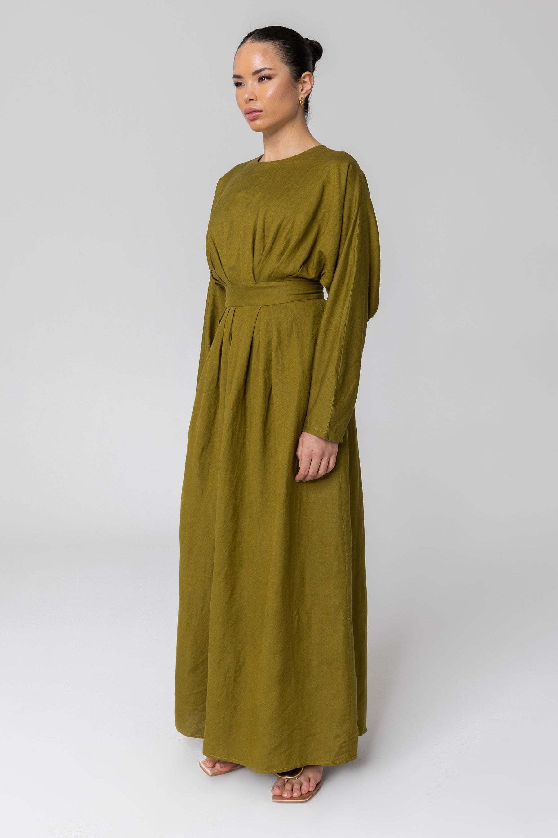 Nasira Linen Pleat Waist Maxi Dress - Avocado (Green Moss) epschoolboard 