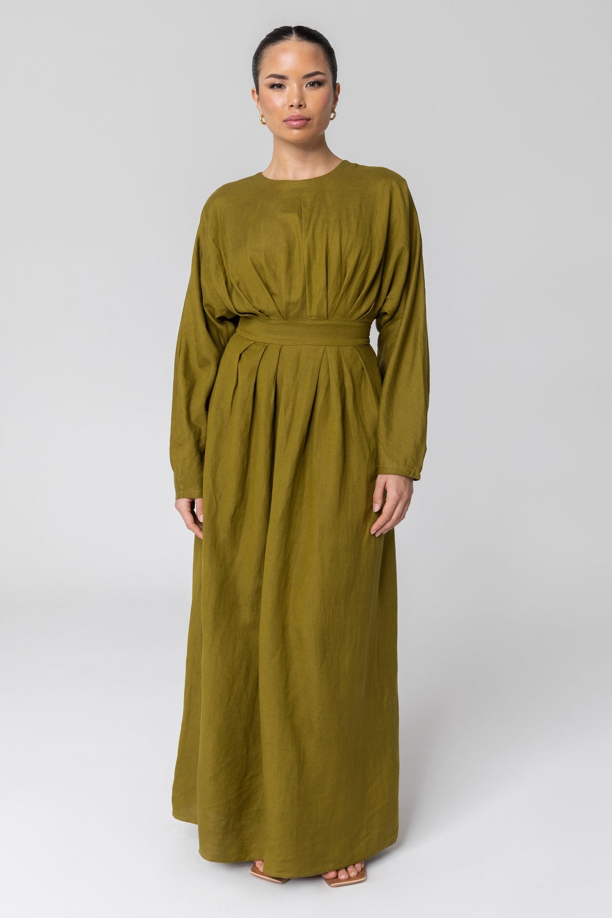 Nasira Linen Pleat Waist Maxi Dress - Avocado (Green Moss) saigonodysseyhotel 