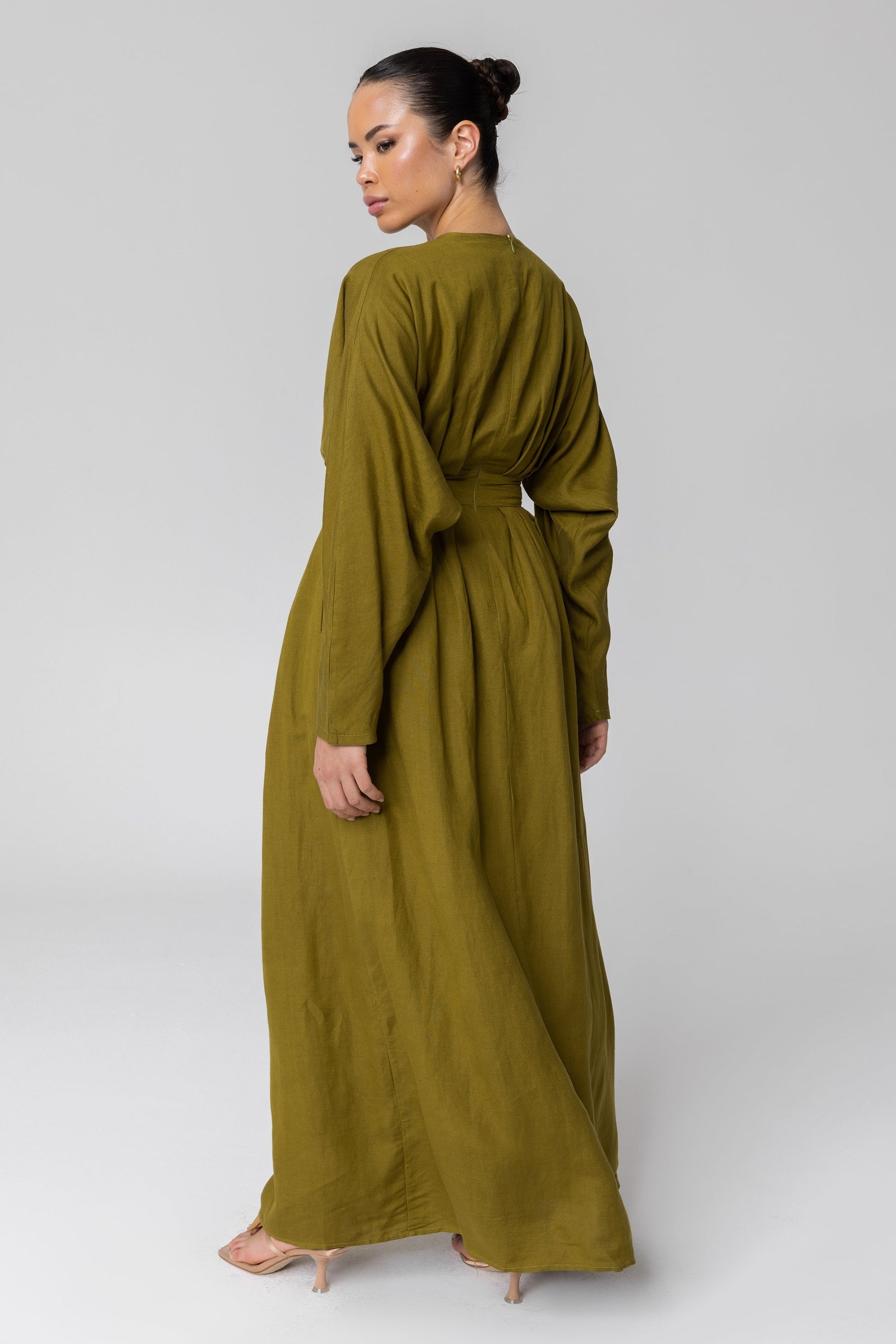 Nasira Linen Pleat Waist Maxi Dress - Avocado (Green Moss) epschoolboard 