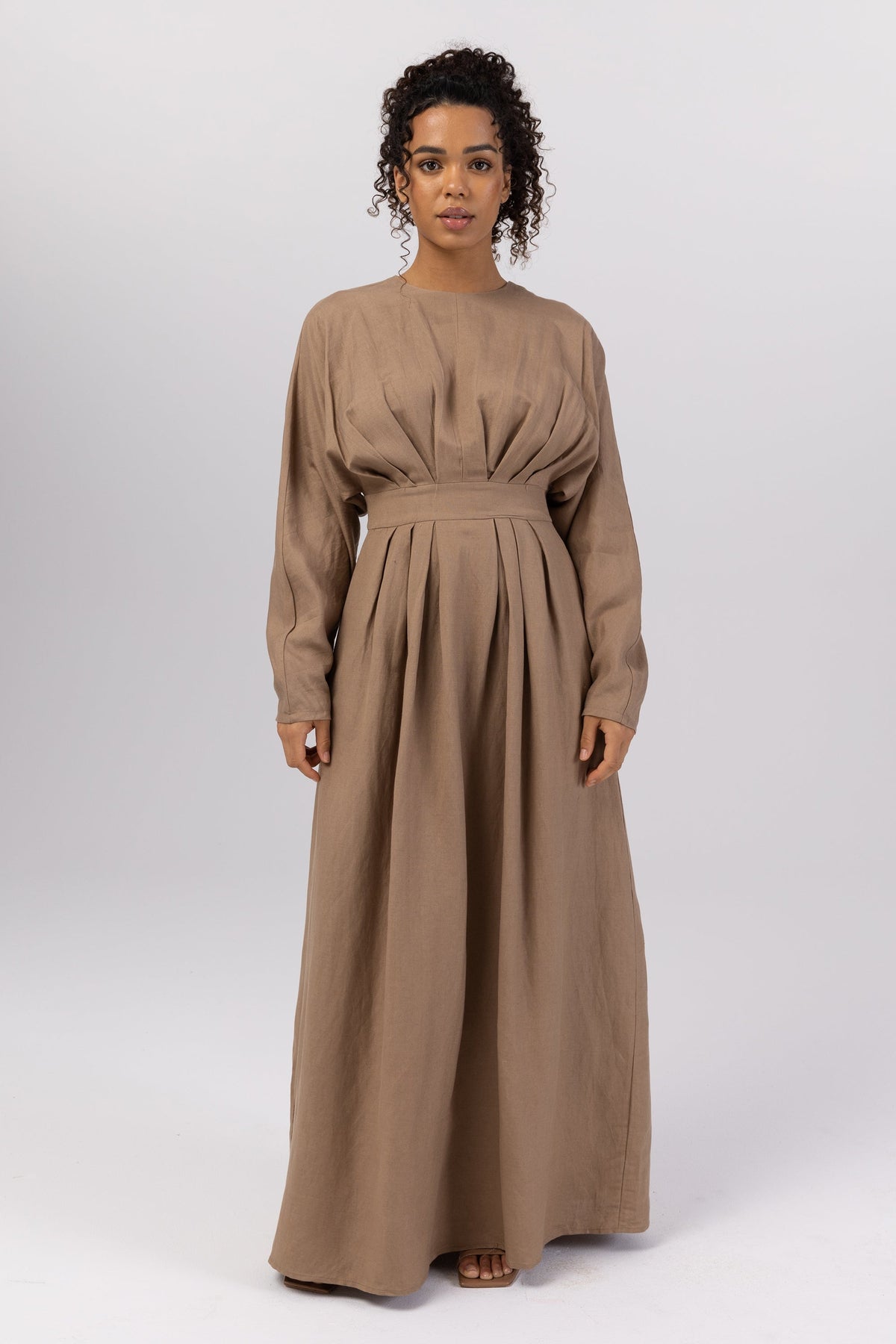 Nasira Linen Pleat Waist Maxi Dress - Latte (Grey) saigonodysseyhotel 