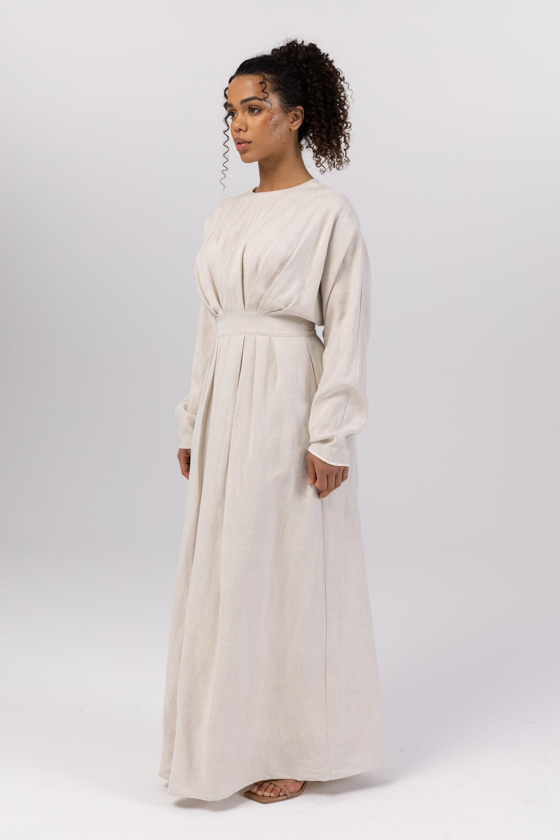 Nasira Linen Pleat Waist Maxi Dress - Off White (Light Grey) saigonodysseyhotel 