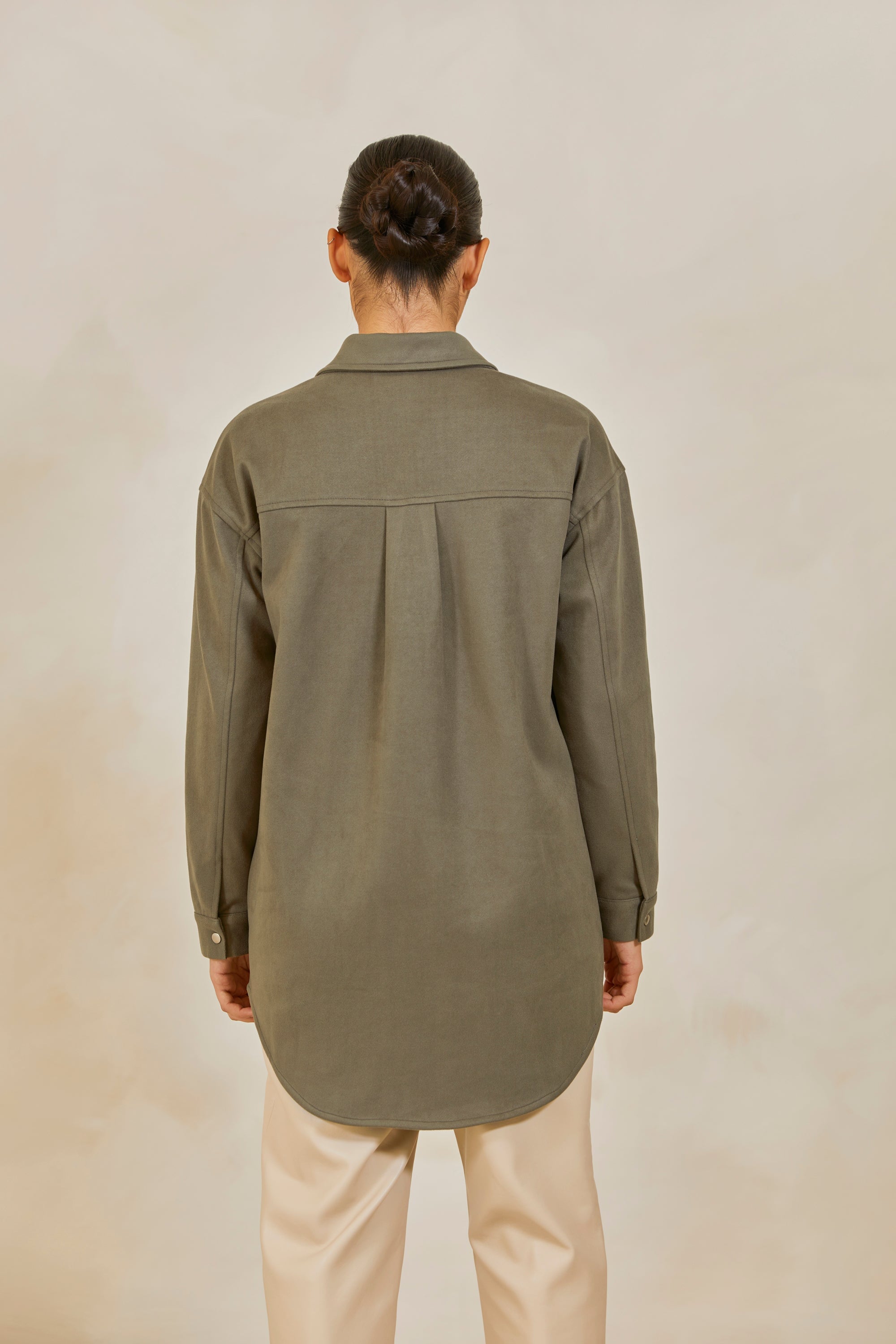 Oversized Longline Button Down Shacket - Grey Green Veiled Collection 
