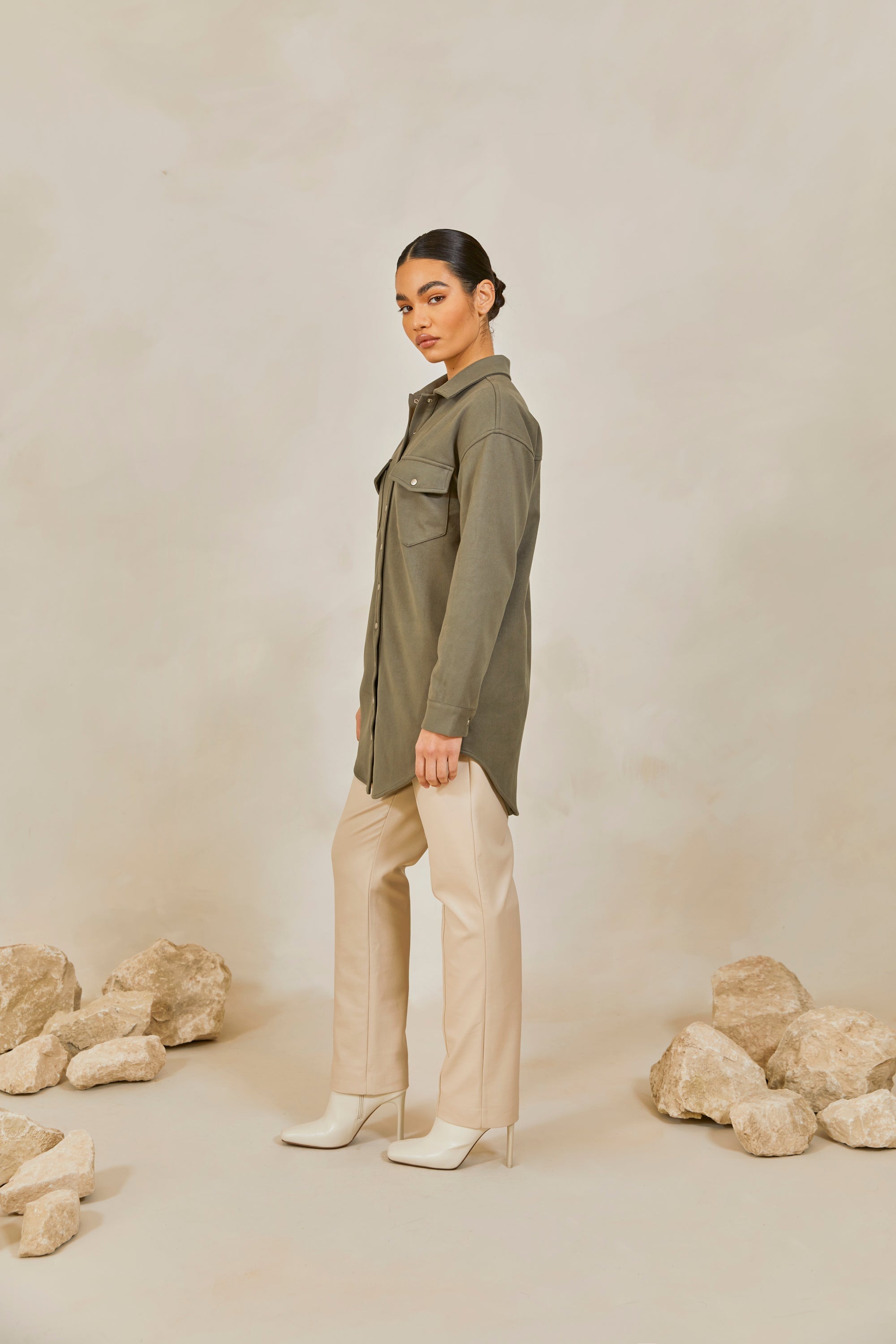 Oversized Longline Button Down Shacket - Grey Green Veiled Collection 