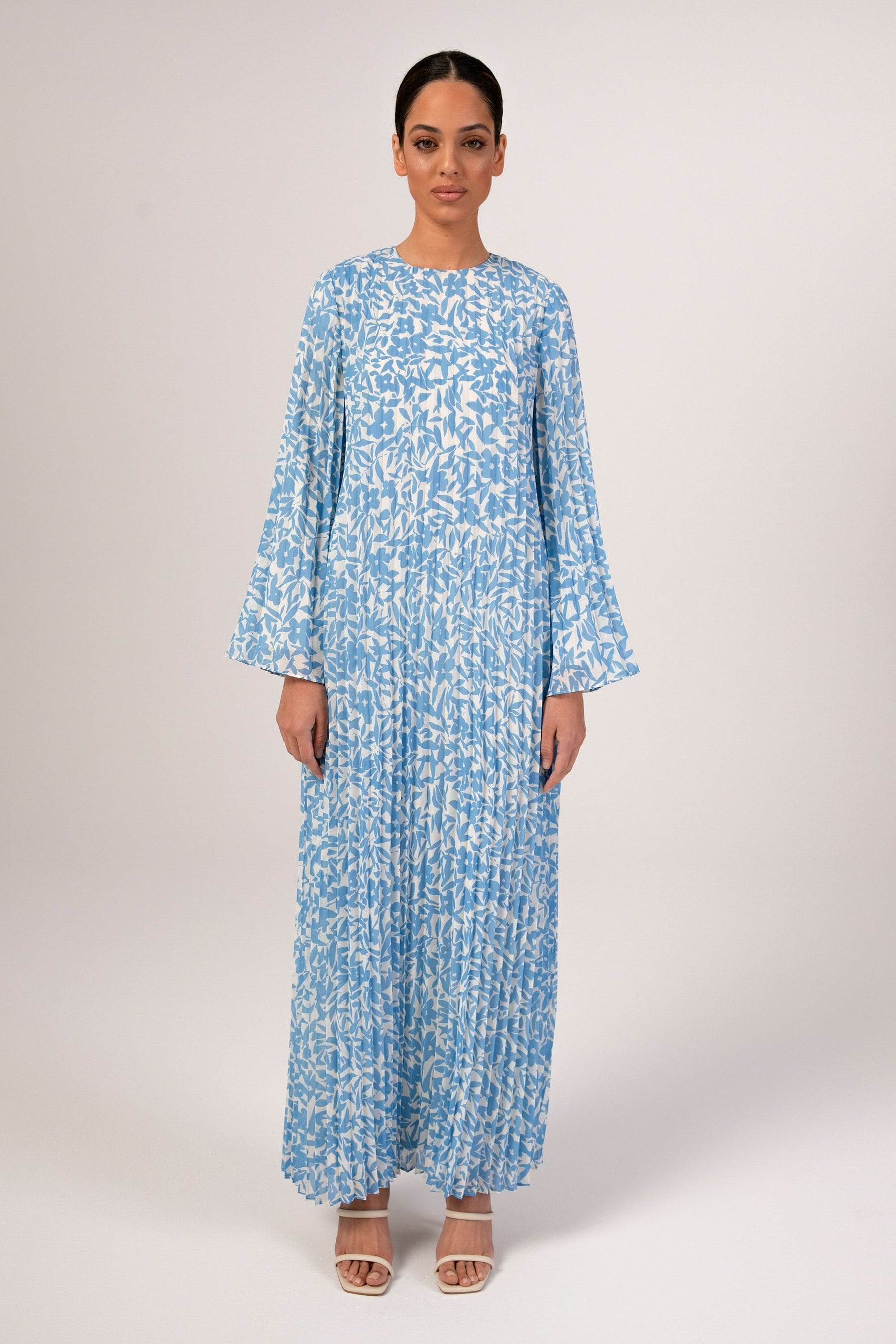 Pleated Printed Shift Maxi Dress - Azure Blue saigonodysseyhotel 