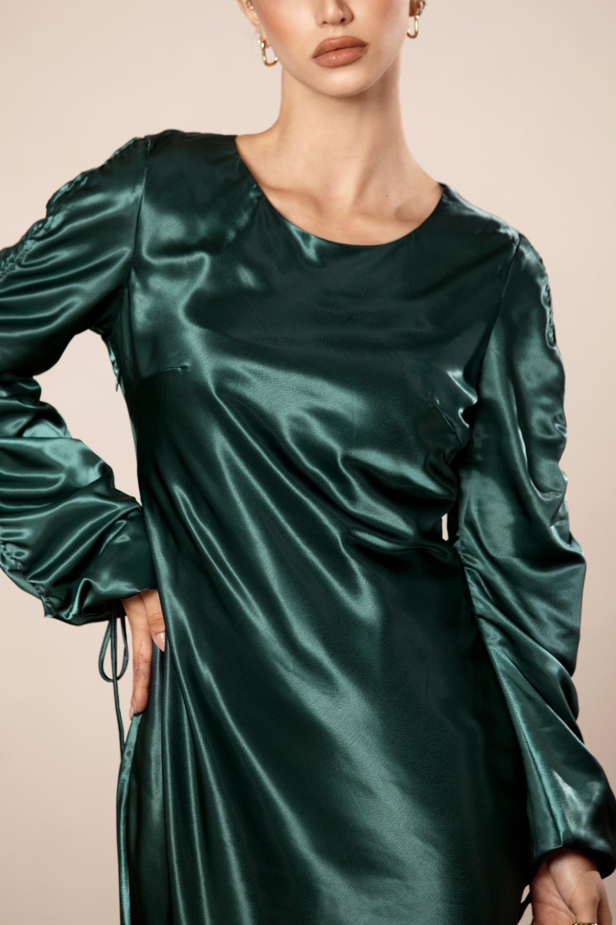 Rahma Rouched Sleeve Satin Maxi Dress - Teal saigonodysseyhotel 