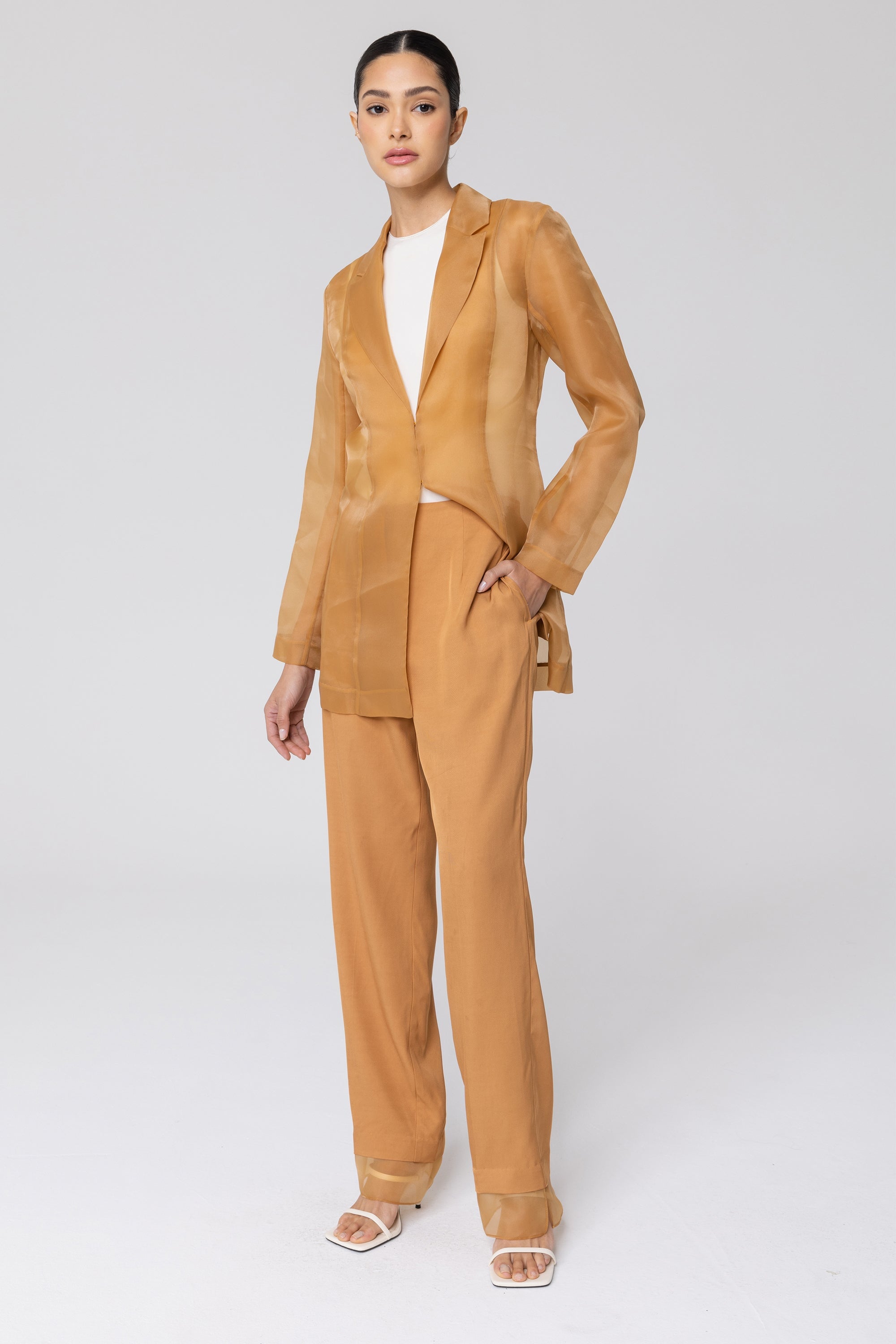 Rayan Organza Trim Trousers - Brown Sugar Veiled