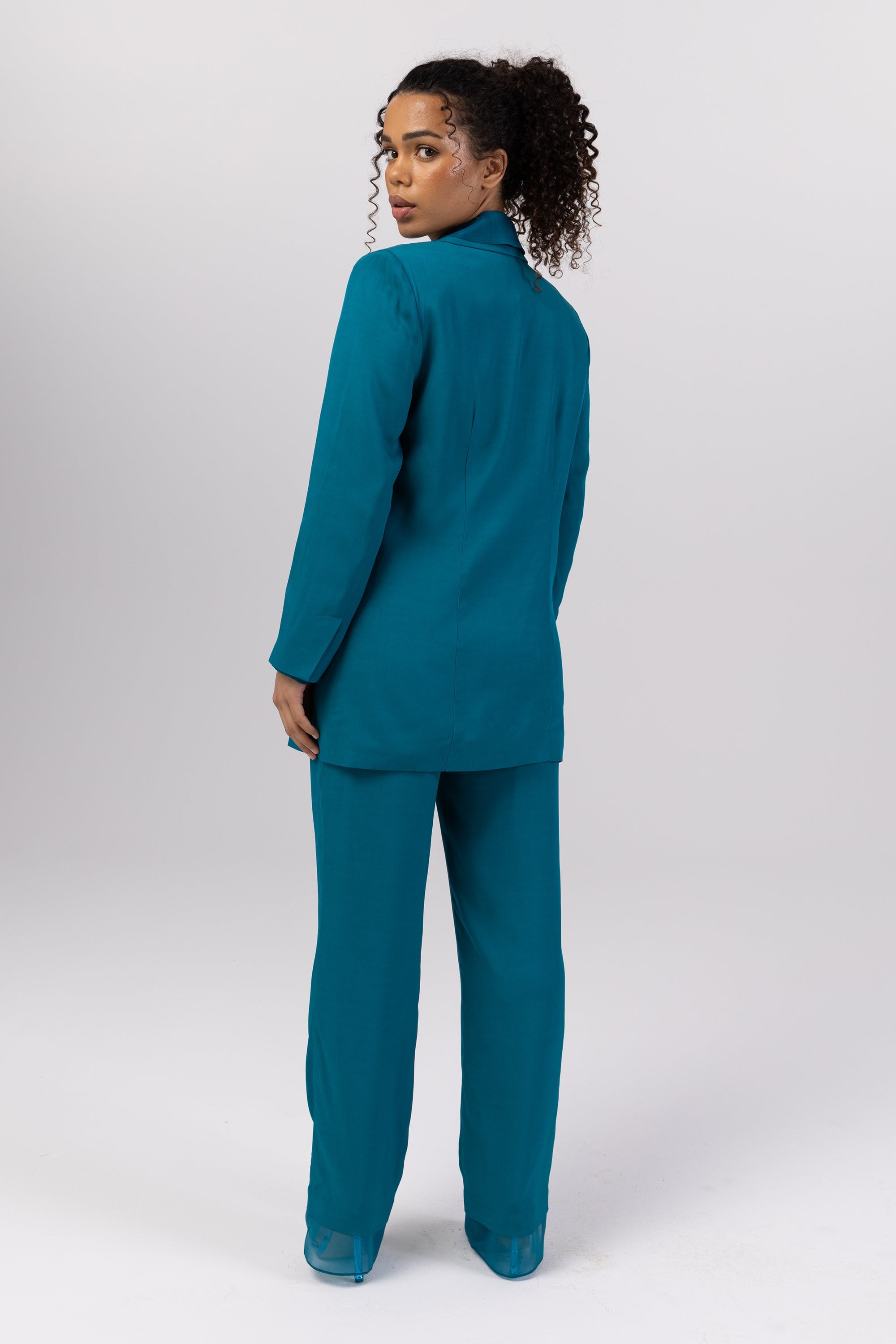 Rayan Organza Trim Trousers - Deep Lagoon Veiled