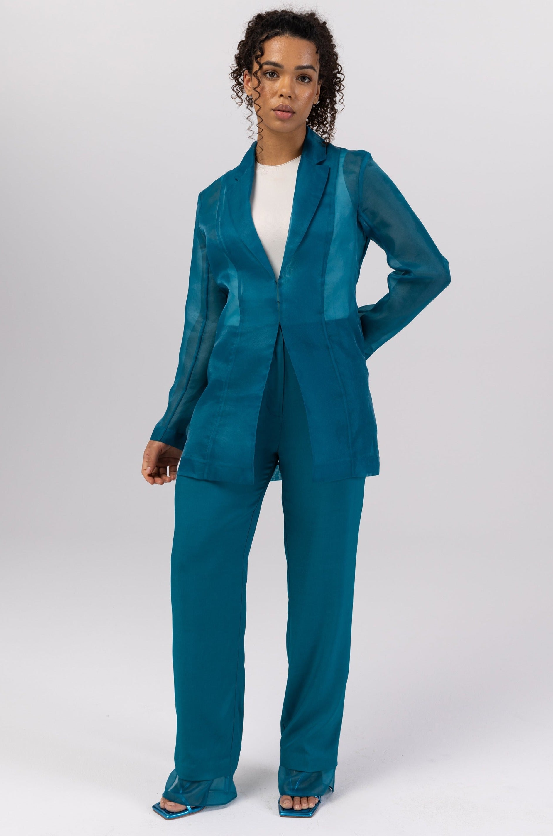 Rayan Organza Trim Trousers - Deep Lagoon Veiled