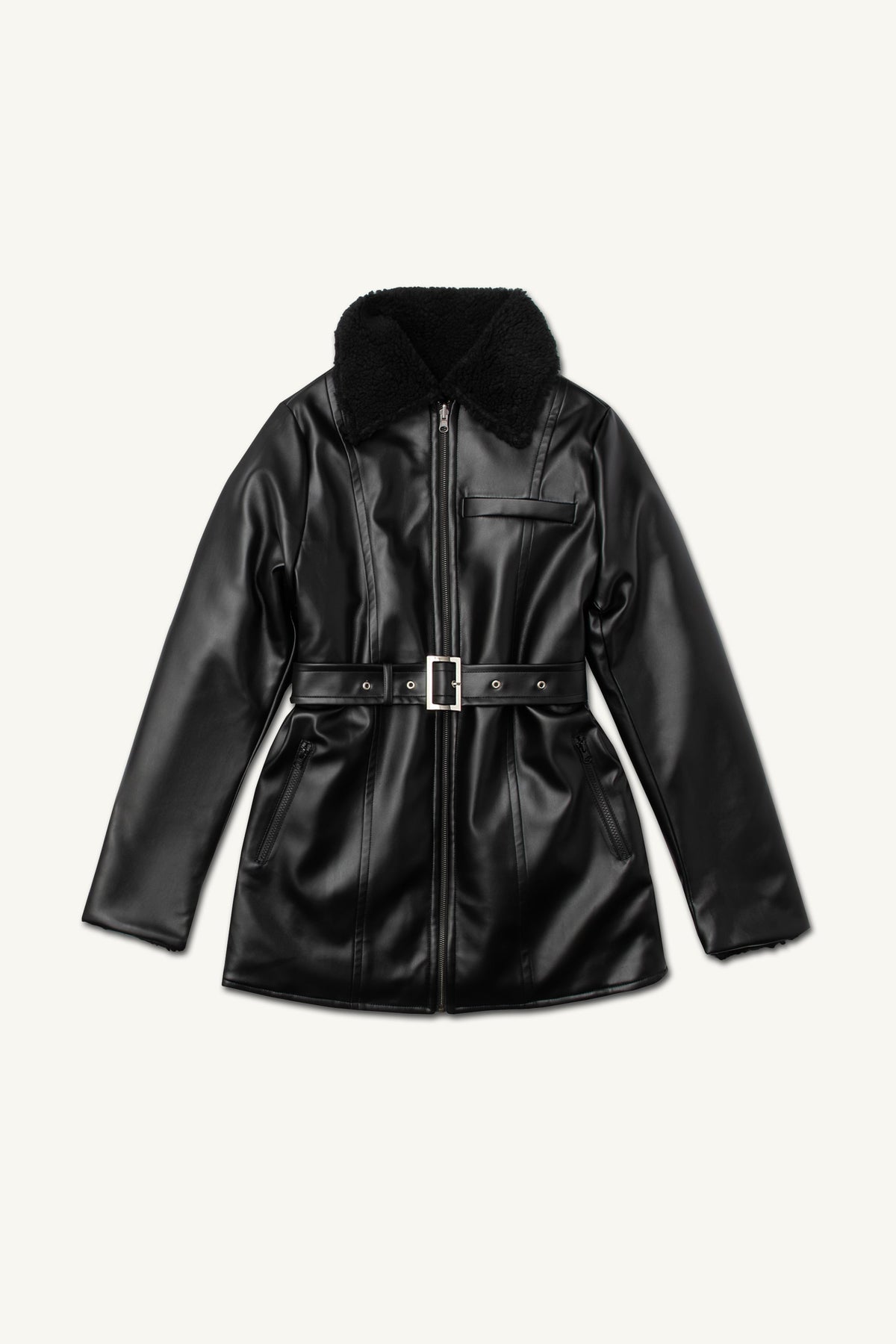 Reversible Vegan Leather Sherpa Aviator Coat - Black saigonodysseyhotel 