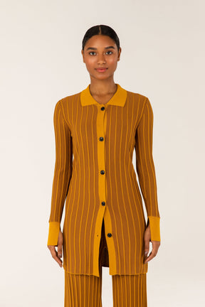 Ribbed Contrast Piping Button Up Top - Brown epschoolboard 