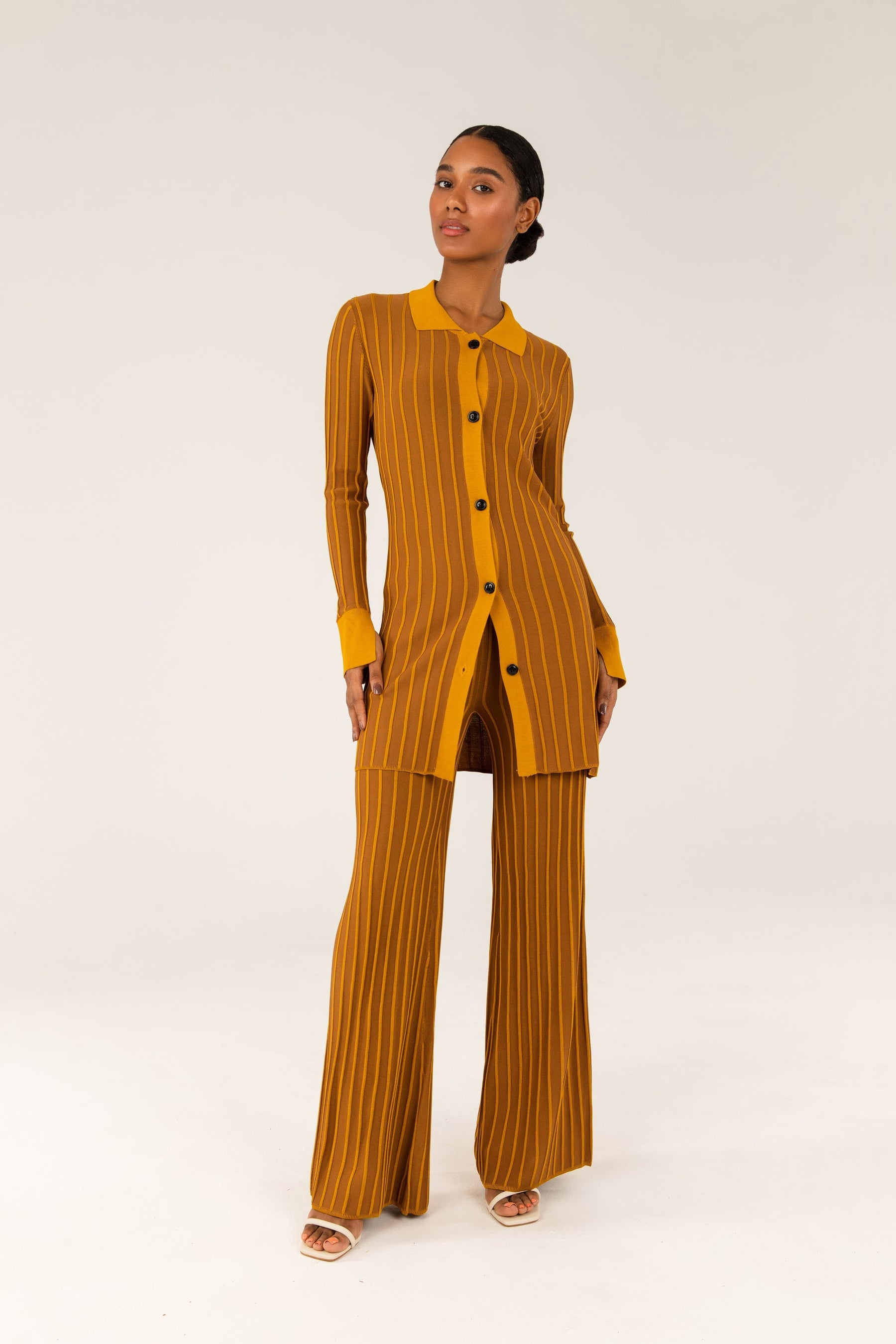 Ribbed Contrast Piping Wide Leg Pants - Brown epschoolboard 