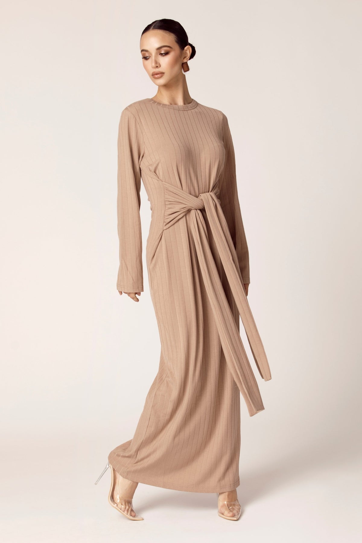 Ribbed Tie Waist Maxi Dress - Taupe epschoolboard 