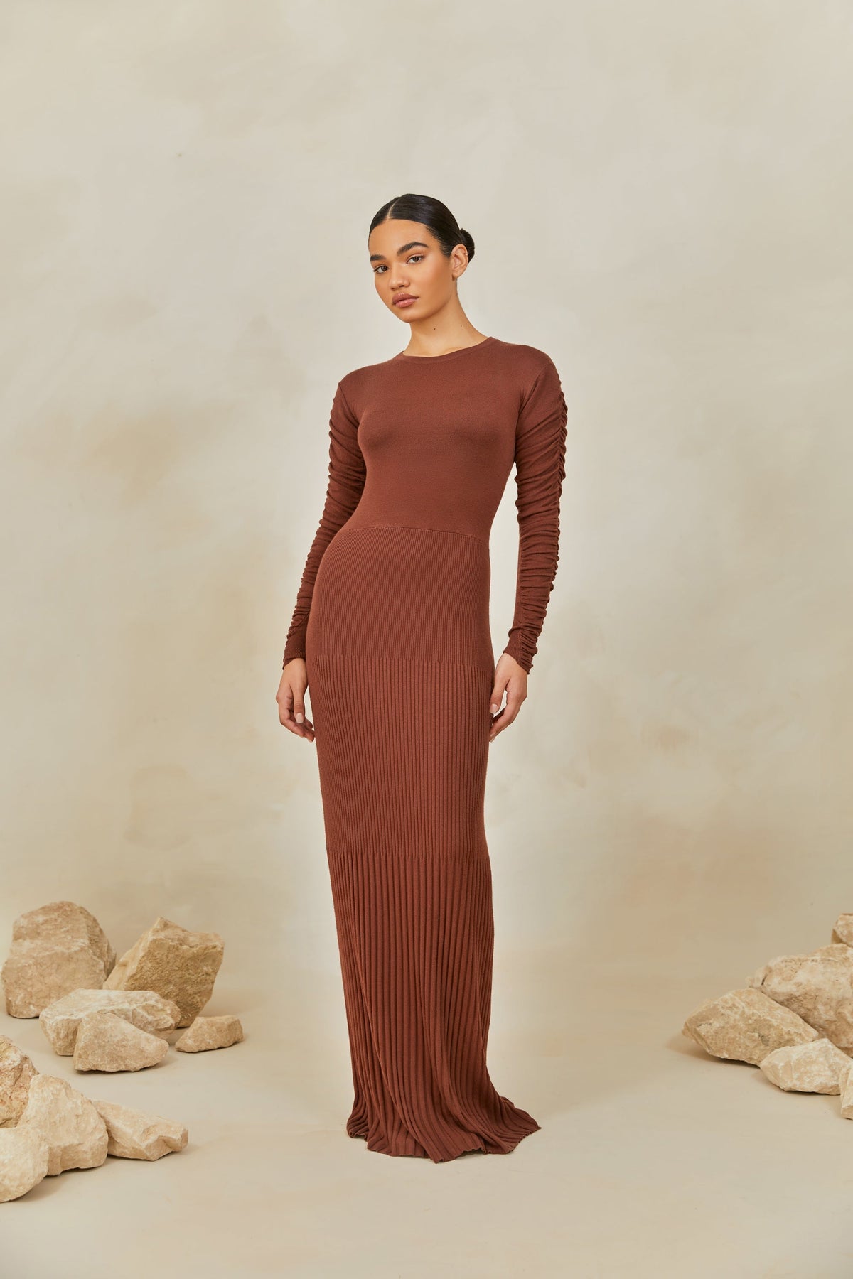 Rouched Sleeve Knit Maxi Dress - Chocolate Brown epschoolboard 