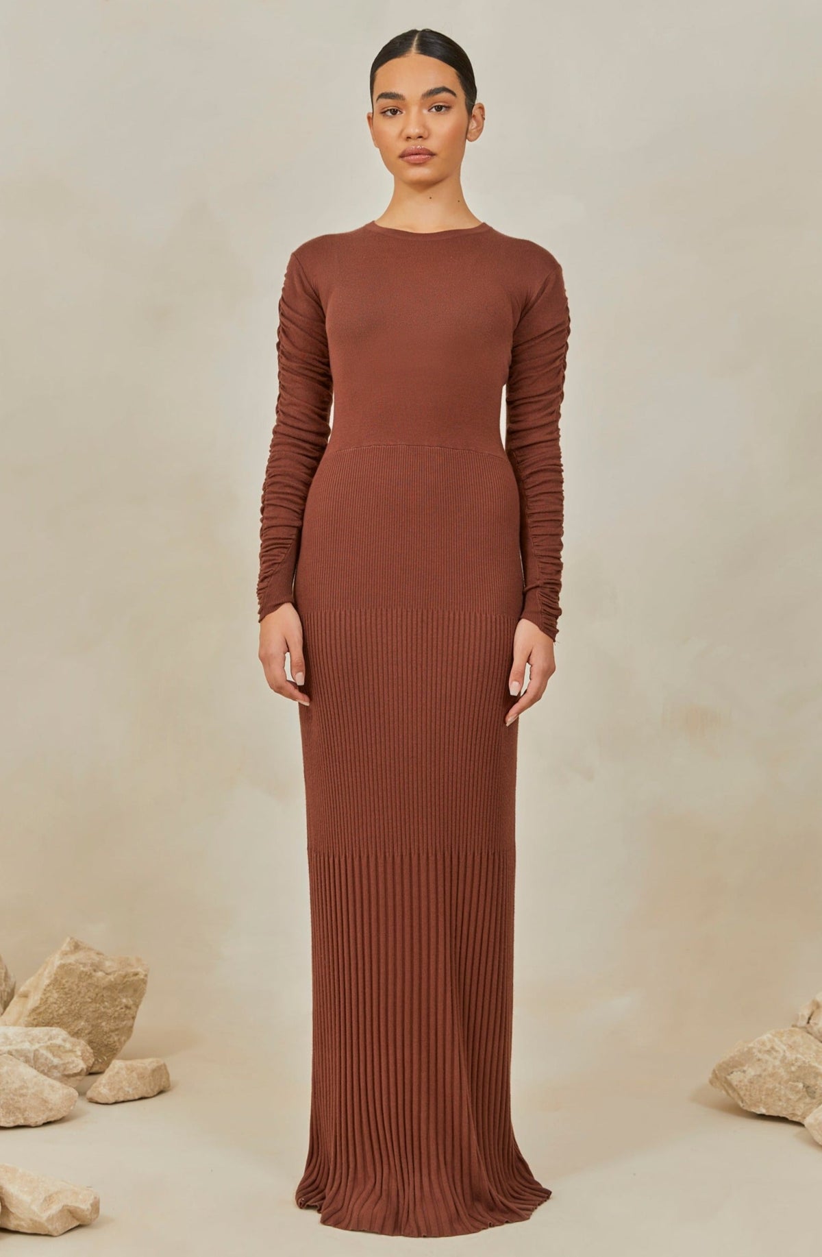 Rouched Sleeve Knit Maxi Dress - Chocolate Brown epschoolboard 
