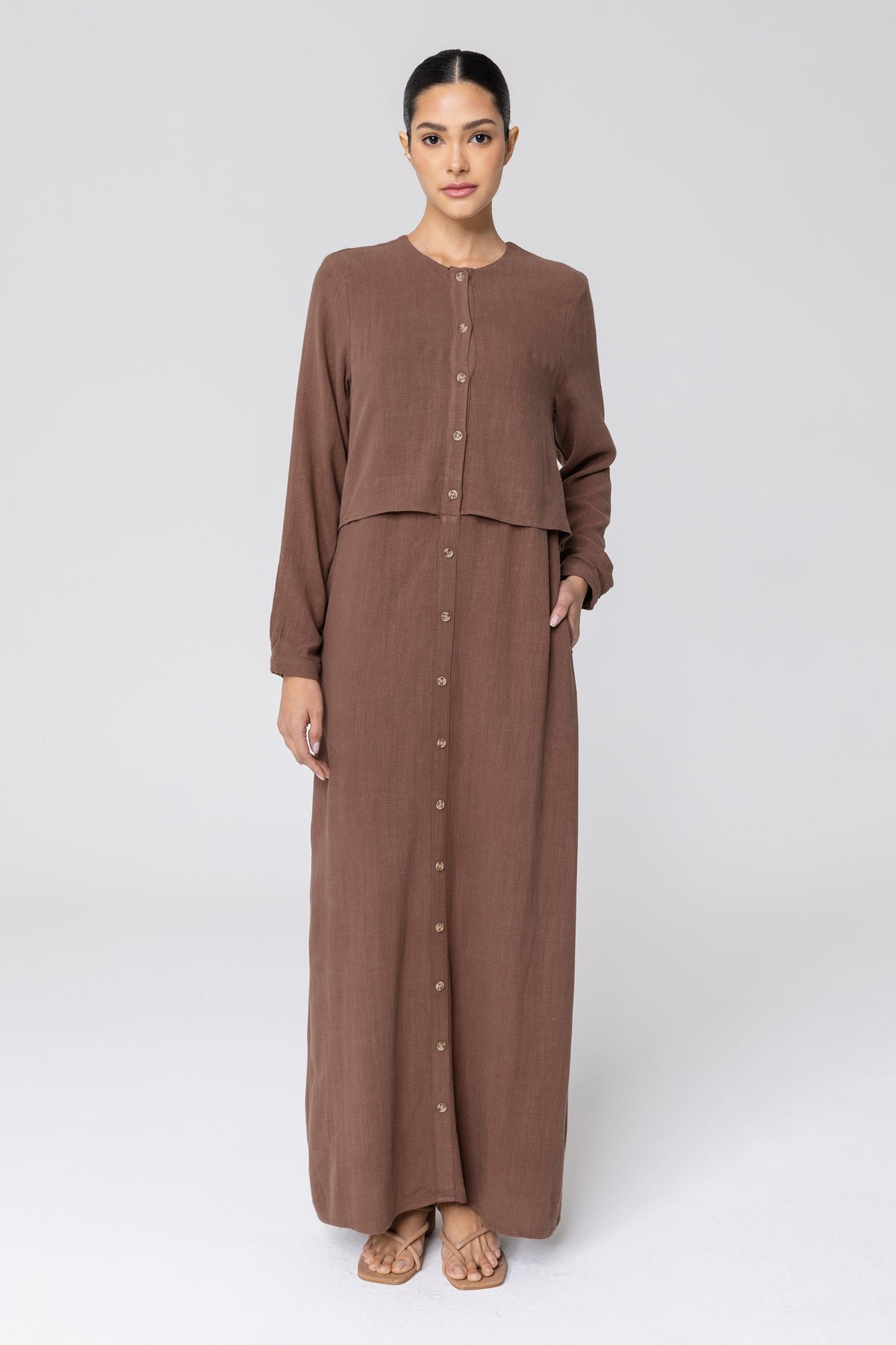Sabah Cotton Linen Overlay Maxi Shirt Dress - Brown saigonodysseyhotel 