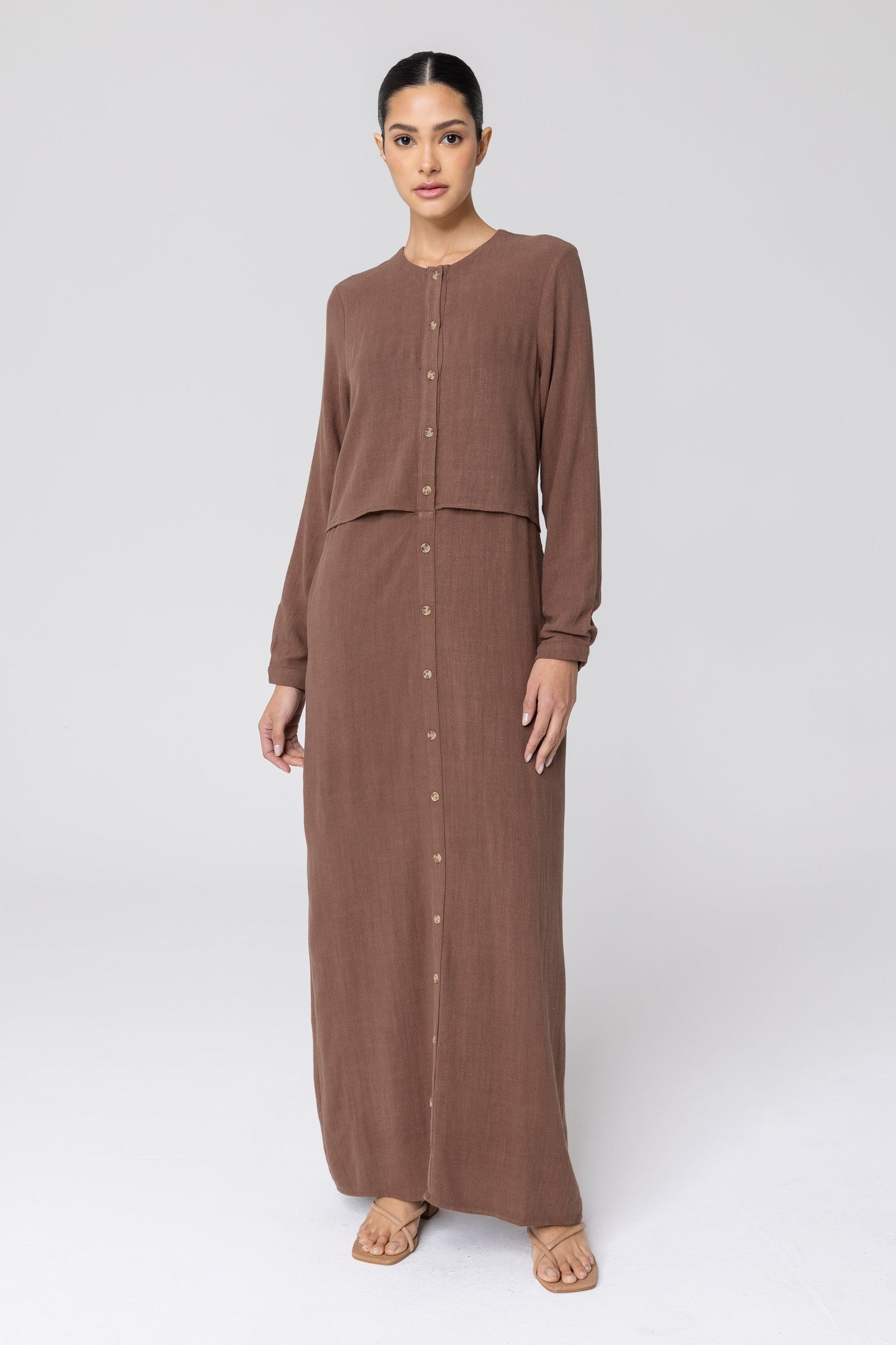 Sabah Cotton Linen Overlay Maxi Shirt Dress - Brown saigonodysseyhotel 