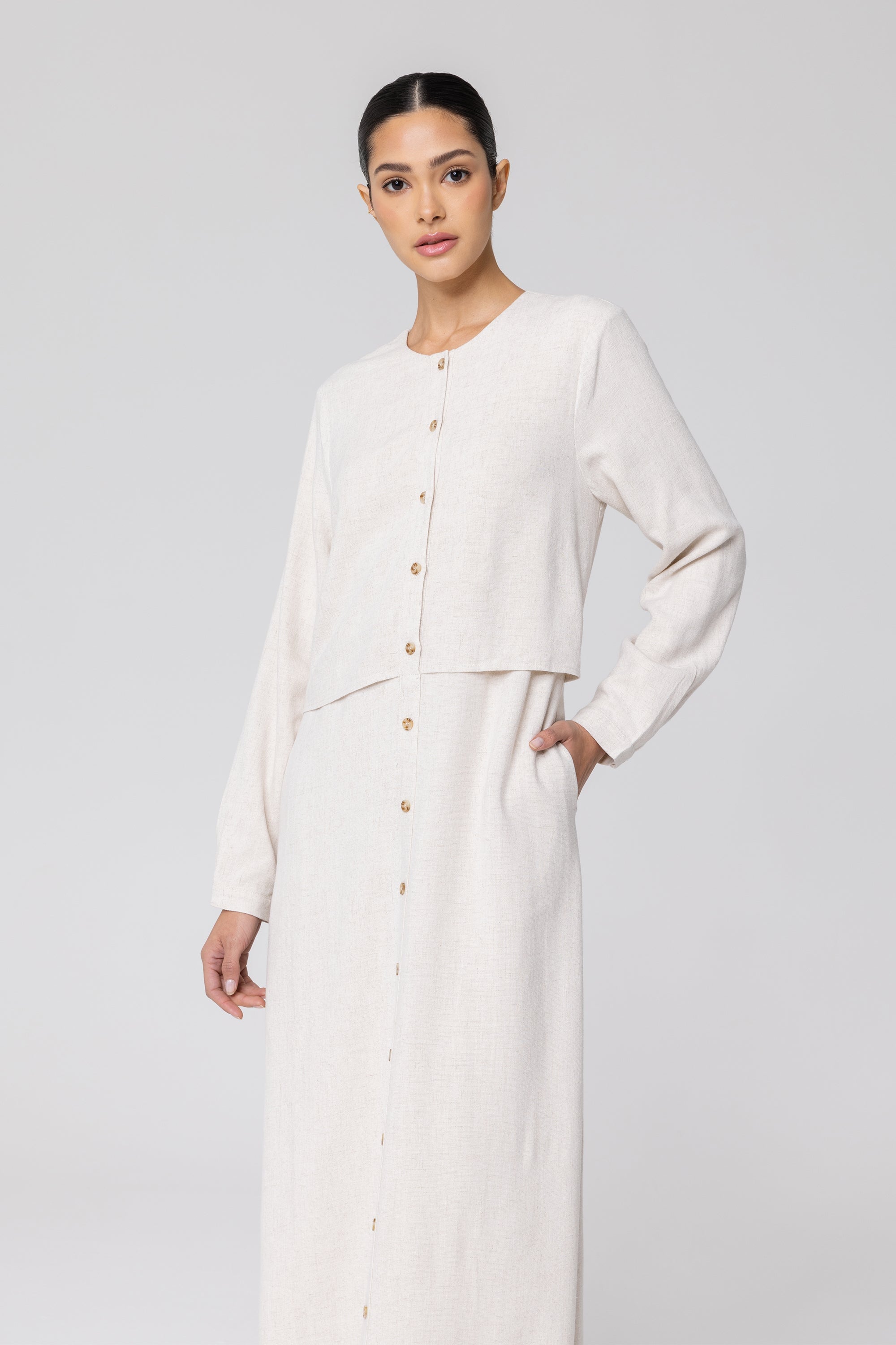Sabah Cotton Linen Overlay Maxi Shirt Dress - Off White (Soft Grey) epschoolboard 