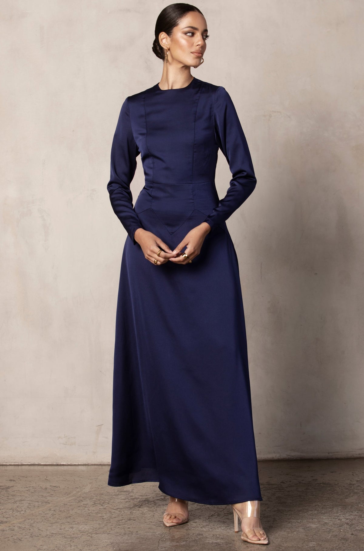 Sana Stylized Waist Satin Maxi Dress - Navy Blue saigonodysseyhotel 