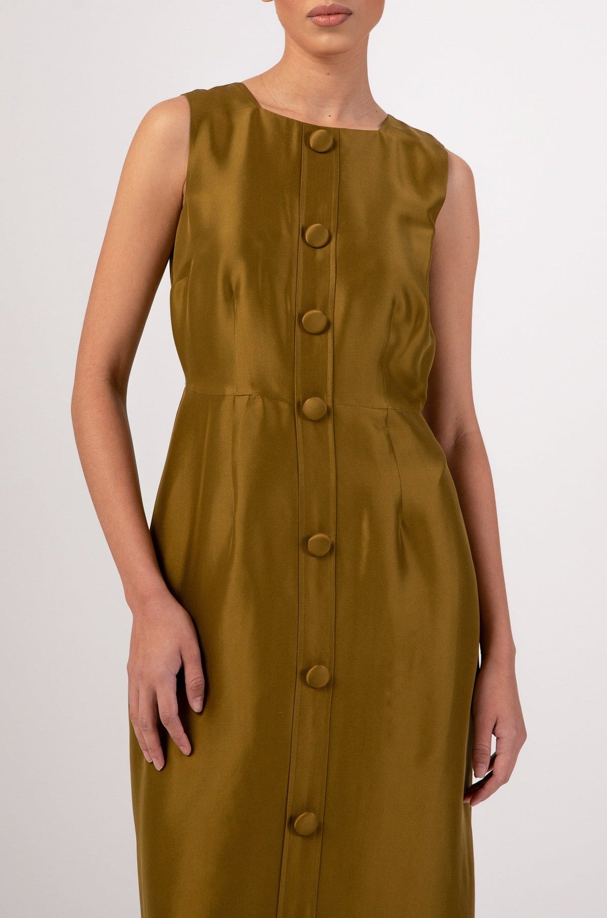 Silk Duppioni Button Front Sleeveless Maxi Dress - Avocado epschoolboard 