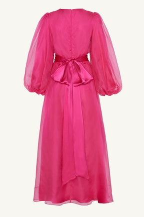 Silk Organza Balloon Sleeve A-Line Maxi Dress - Pink Clothing epschoolboard 